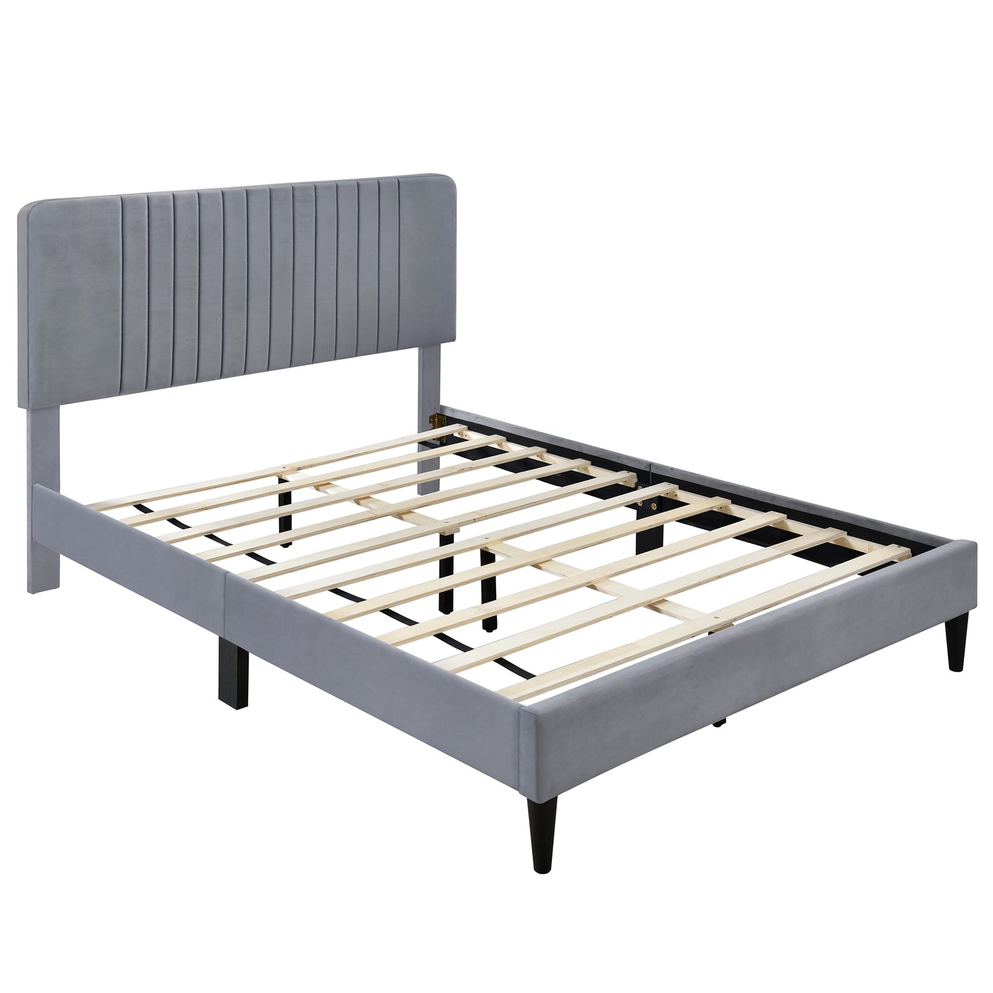 SYNGAR Full Bed Frame, New Upgrade Full Size Velvet Upholstered Platform Bed Frame with Tufted Headboard, Mattress Foundation Solid Wood Frame Platform Bed Frame, No Box Spring Needed, Grey
