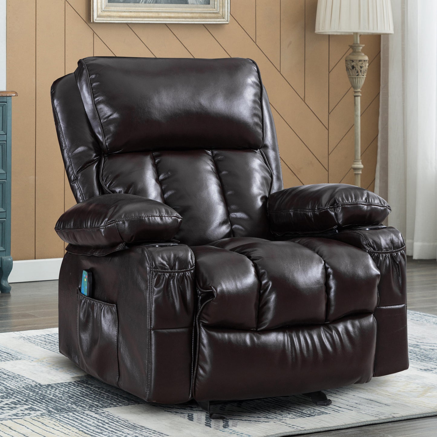 SYNGAR Manual Recliner Chair with Heat Therapy and Massage Function, Heavy Duty Reclining Mechanism Massage Chair, Elderly Single Rocker Sofa with Cup Holders for Bedroom Home Theater, Brown