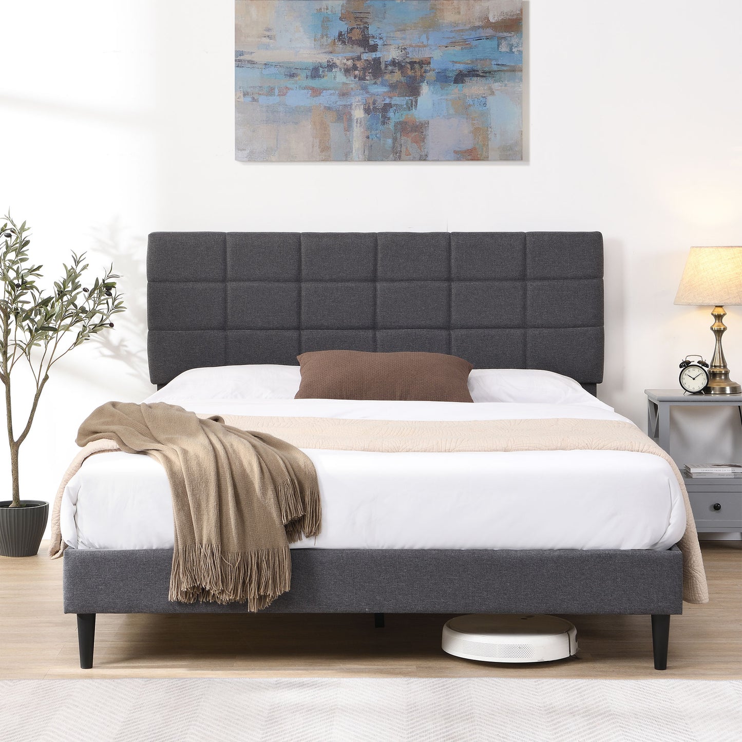 SYNGAR Full Bed Frame, New Upgrade Full Size Velvet Upholstered Platform Bed Frame with Tufted Headboard, Mattress Foundation Solid Wood Frame Platform Bed Frame, No Box Spring Needed, Grey