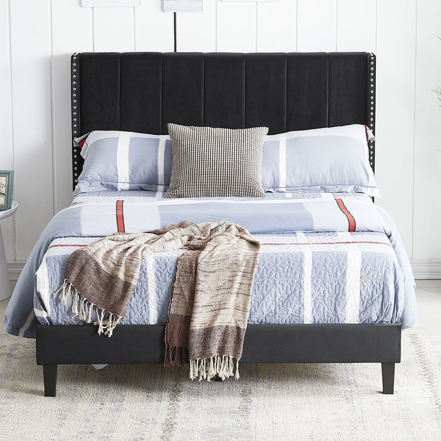 SYNGAR Twin Size Fabric Fully Upholstered Platform Bed Frame with Rivet Wingback Headboard, Sturdy Metal Frame, Strong Wooden Slats, No Box Spring Needed, Easy Assembly, Beige