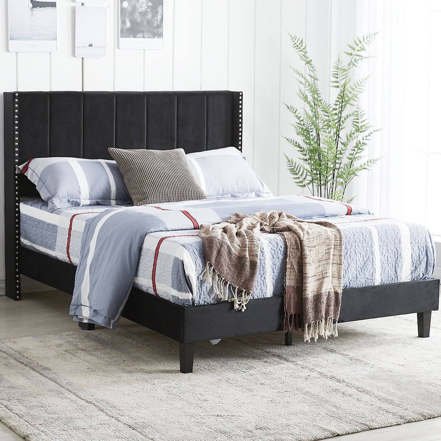 SYNGAR Beige Fabric Upholstered Platform Bed Frame Twin Size with Rivet Wingback Headboard, Metal Frame Mattress Foundation with Strong Wooden Slat Support, No Box Spring Needed, Easy Assembly