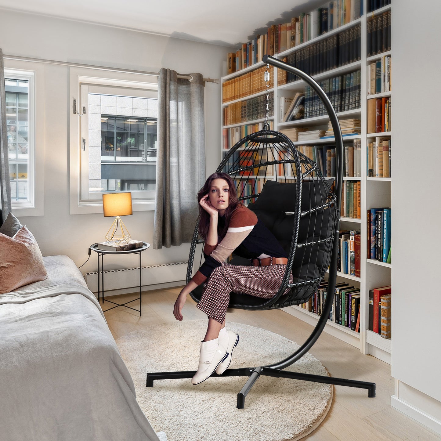 SYNGAR Egg Chair with Stand, Wicker Swing Chair, Patio Hammock Chair with Soft Cushion, Indoor Outdoor Balcony Bedroom Basket Hanging Lounge Chair, Heavy Duty Frame for 300 lbs Capacity, Red, Y024