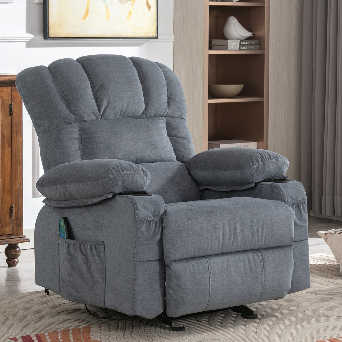 SYNGAR Manual Recliner Chair with Heat Therapy and Massage Function, Heavy Duty Reclining Mechanism Massage Chair, Elderly Single Rocker Sofa with Cup Holders for Bedroom Home Theater, Brown