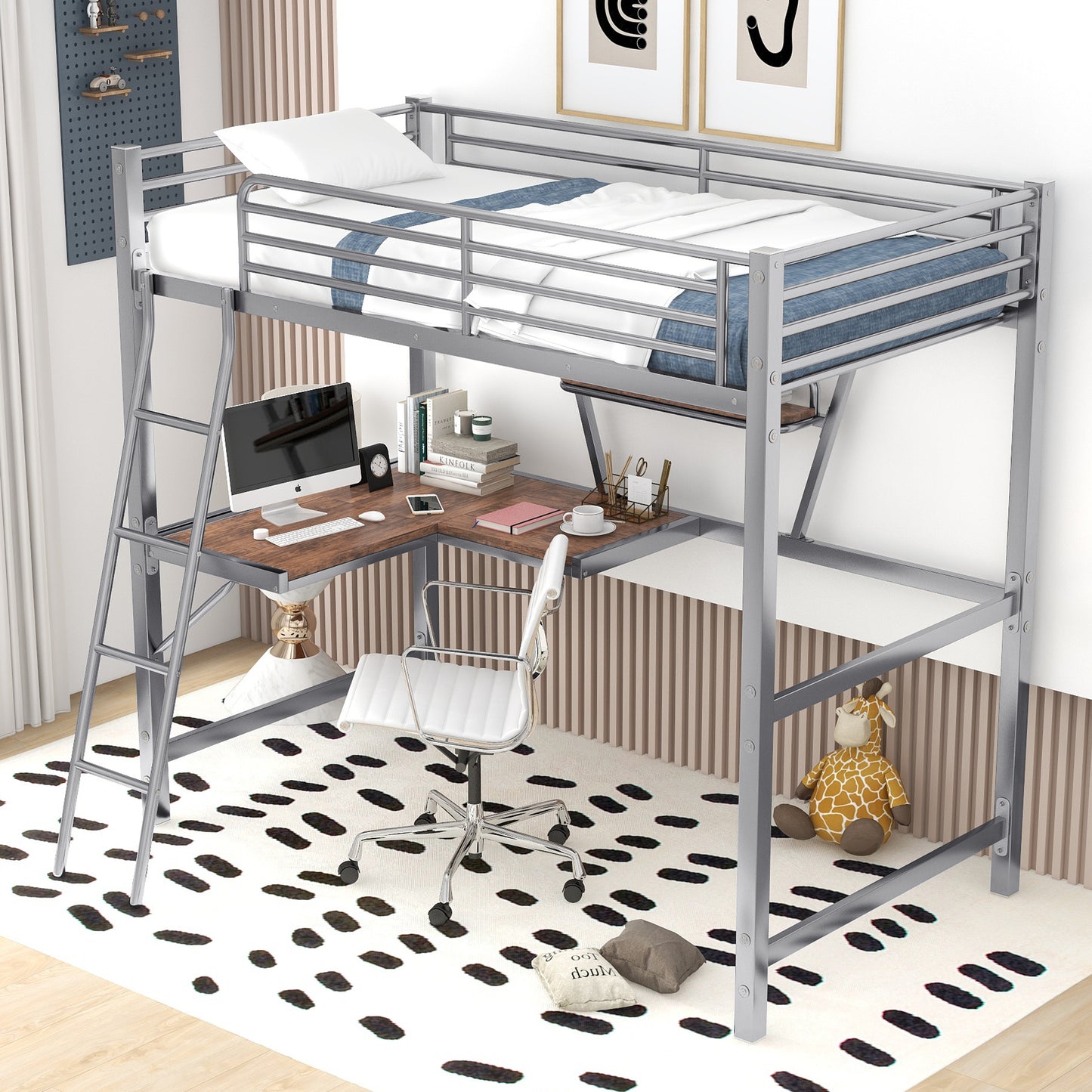 SYNGAR Metal Twin Loft Bed with Desk and Storage Shelves, Space-Saving Bed Frame with Bilateral Ladders and Safety Guard Rails for Kids Teens Adults, No Box Spring Needed