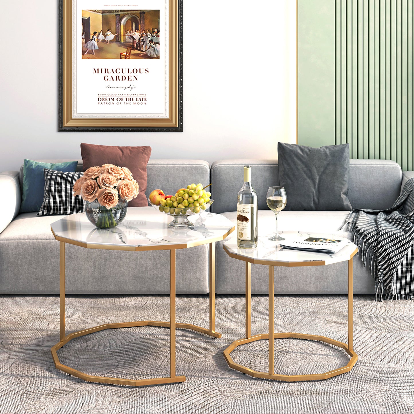SYNGAR Modern Nesting Coffee Table Set of 2, 12-Gon Shape End Tables Stacking Living Room Accent Tables with Marble Top and Black Metal Frame, Golden Black