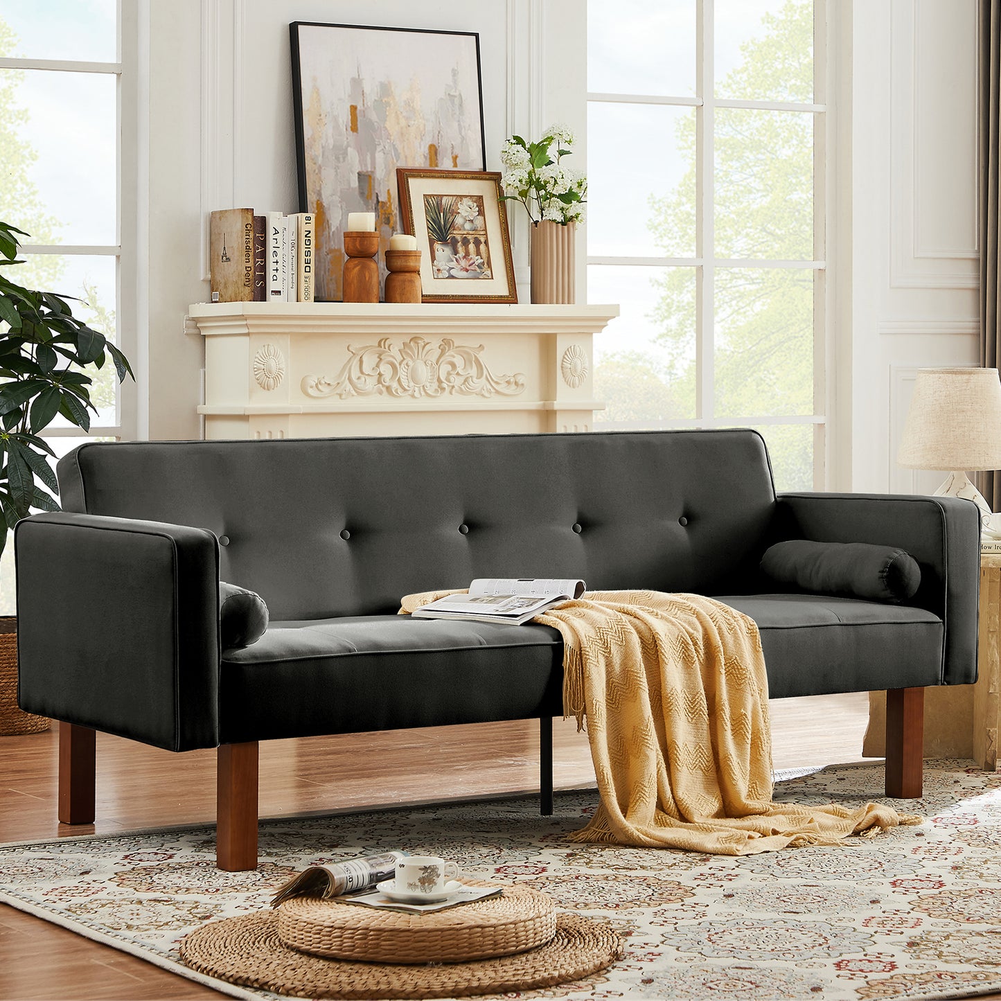 SYNGAR Couches for Living Room, Velvet Upholstered Convertible Sofa Bed with Armrests, Metal Legs, Adjustable Backrest, Mid Century Futon Sofa and Couch for Home Apartment Living Room, Pink