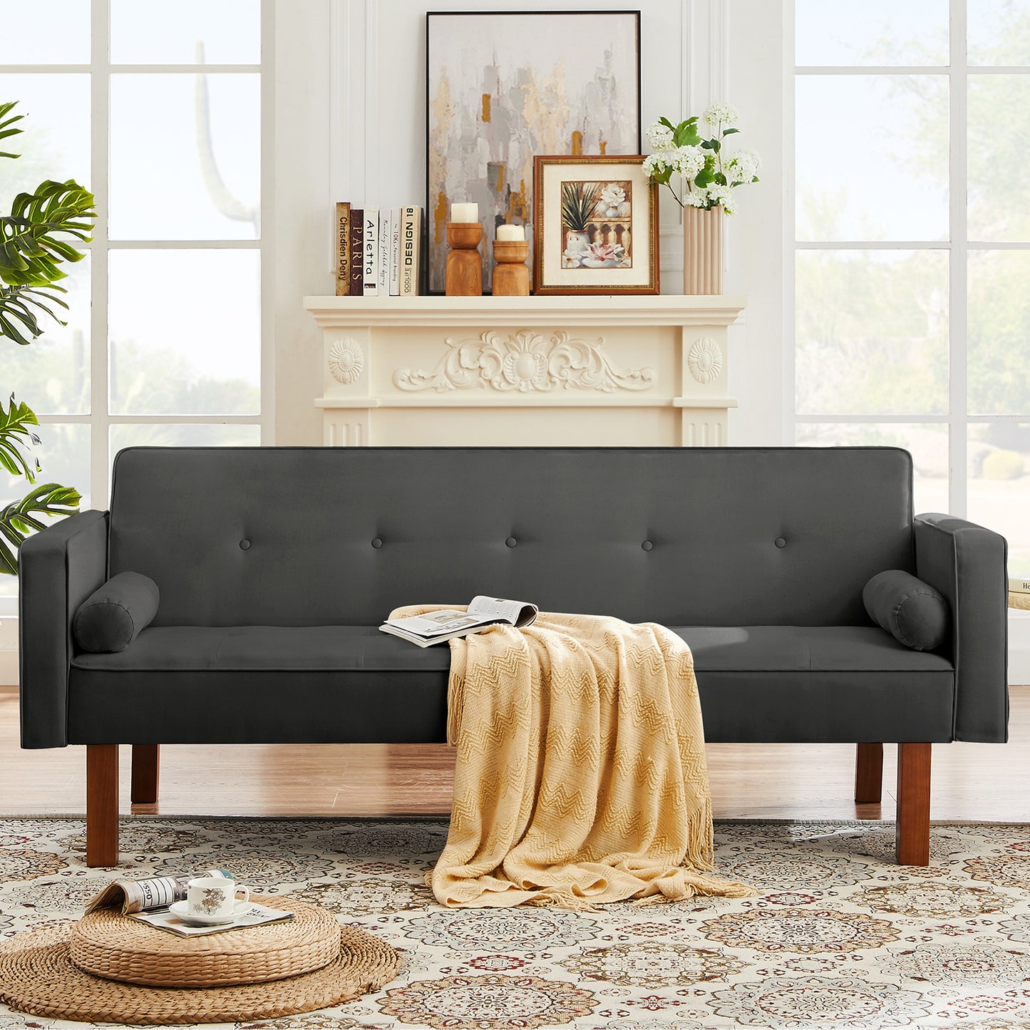 SYNGAR Futon Sofa Bed, Mid Century Velvet Fabric Futon Sofa with Wood Legs, Convertible Daybed with 3 Adjustable Positions, Couches and Sofas, Modern Stylish Sleeper Sofa Bed for Living Room, Blue