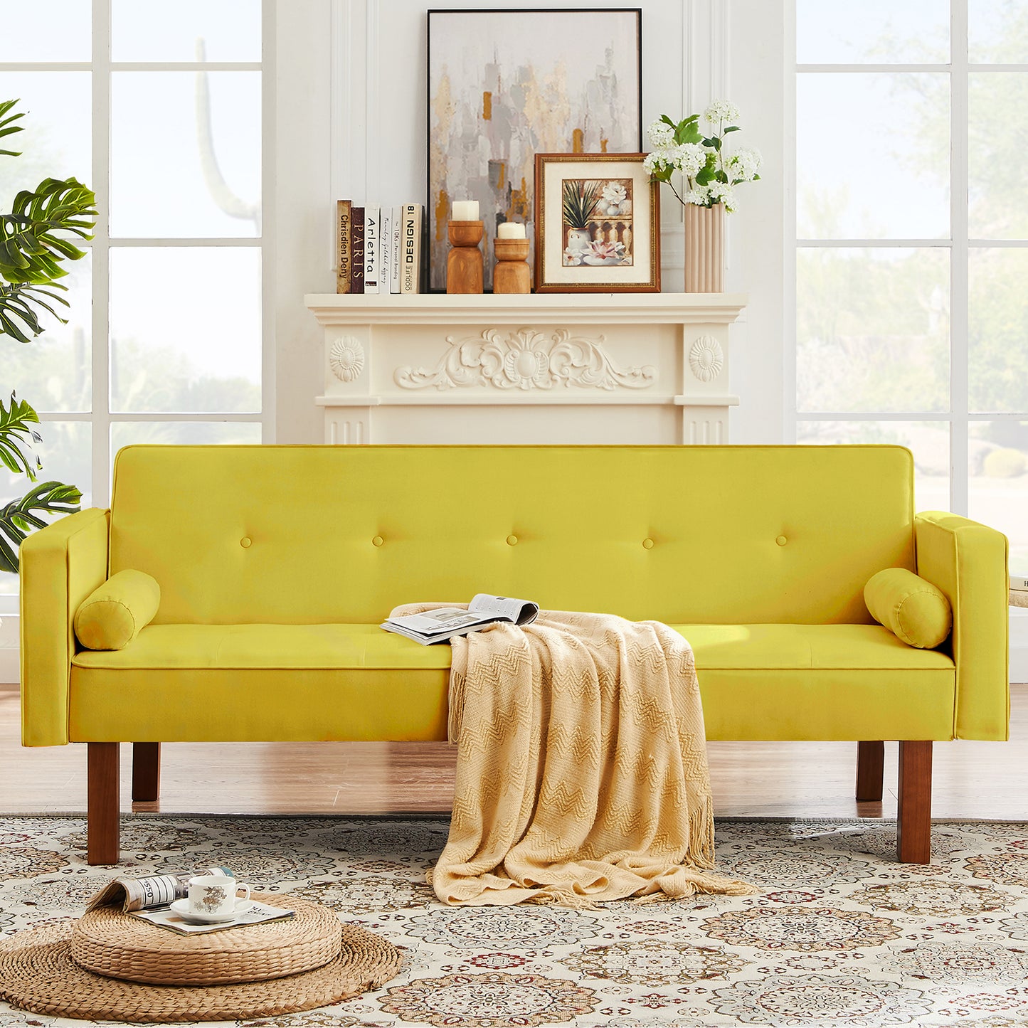 SYNGAR Futon Sofa Bed, Mid Century Velvet Fabric Futon Sofa with Wood Legs, Convertible Daybed with 3 Adjustable Positions, Couches and Sofas, Modern Stylish Sleeper Sofa Bed for Living Room, Blue