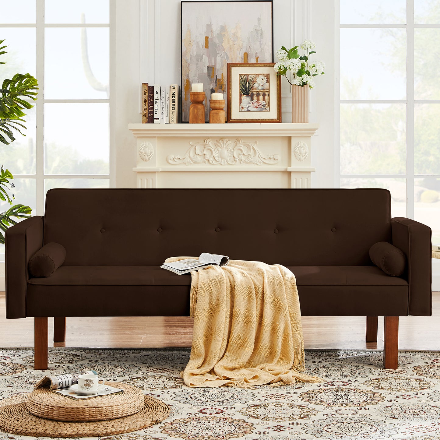 SYNGAR Futon Sofa Bed, Mid Century Velvet Fabric Futon Sofa with Wood Legs, Convertible Daybed with 3 Adjustable Positions, Couches and Sofas, Modern Stylish Sleeper Sofa Bed for Living Room, Blue