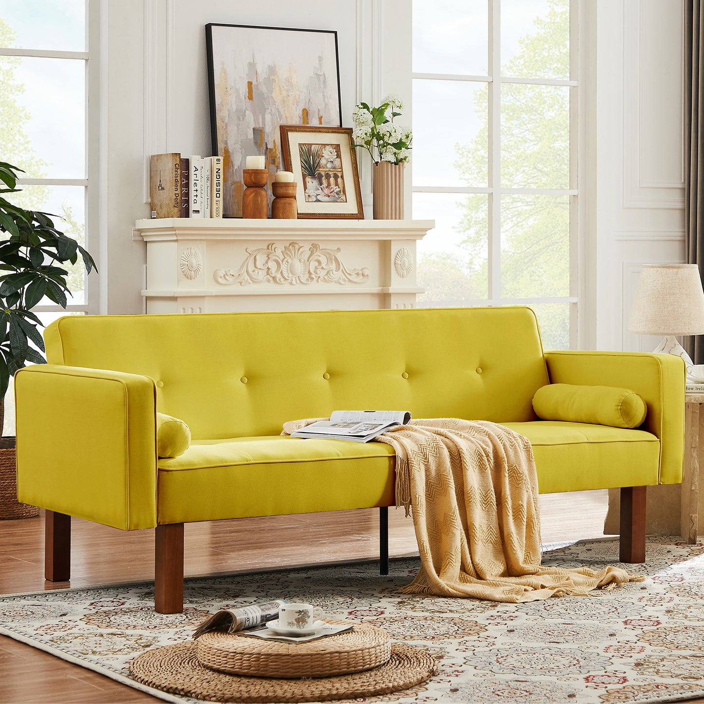 SYNGAR Couches for Living Room, Velvet Upholstered Convertible Sofa Bed with Armrests, Metal Legs, Adjustable Backrest, Mid Century Futon Sofa and Couch for Home Apartment Living Room, Pink