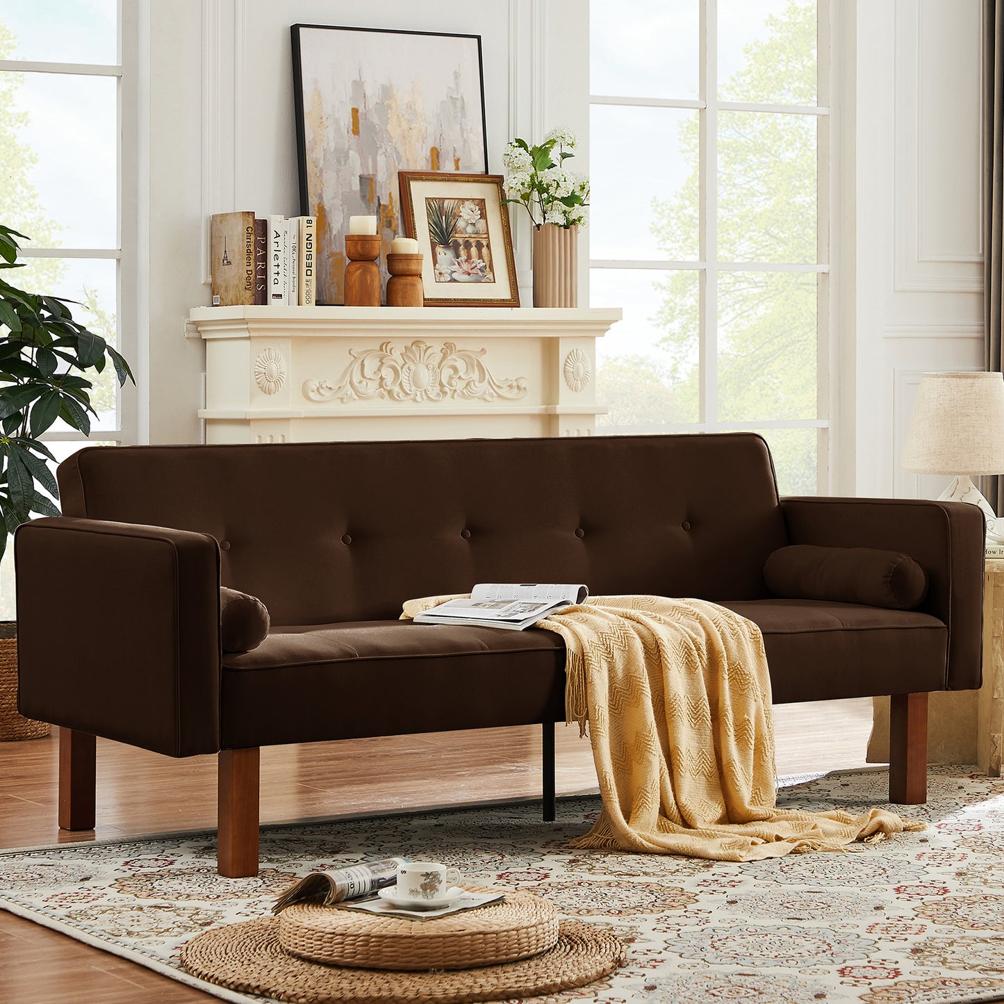 SYNGAR Couches for Living Room, Velvet Upholstered Convertible Sofa Bed with Armrests, Metal Legs, Adjustable Backrest, Mid Century Futon Sofa and Couch for Home Apartment Living Room, Pink