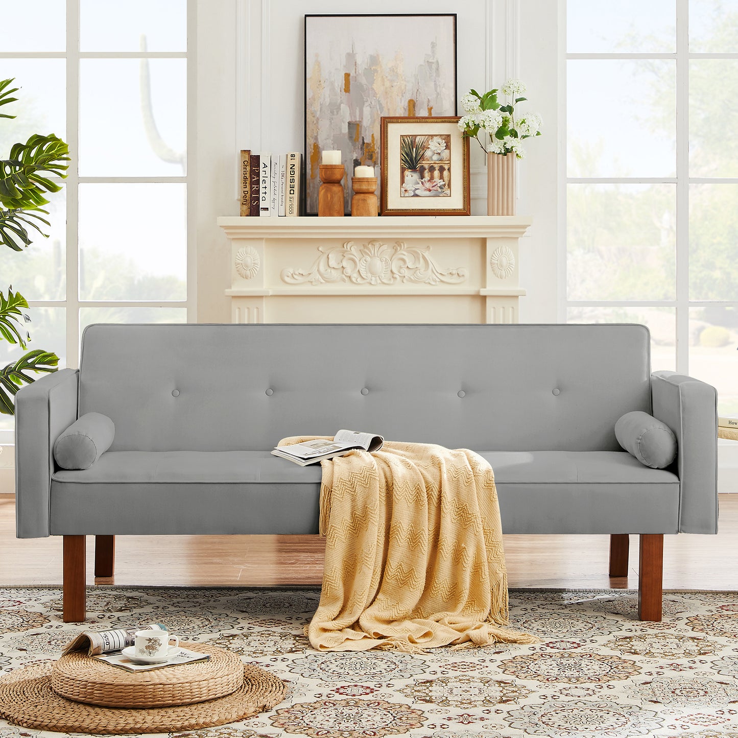 SYNGAR Futon Sofa Bed, Mid Century Velvet Fabric Futon Sofa with Wood Legs, Convertible Daybed with 3 Adjustable Positions, Couches and Sofas, Modern Stylish Sleeper Sofa Bed for Living Room, Blue