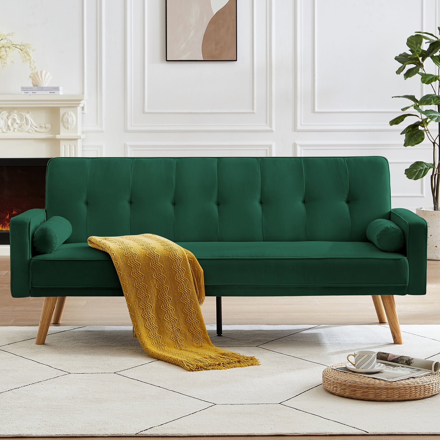 SYNGAR Futon Sofa Bed, Mid Century Velvet Fabric Futon Sofa with Wood Legs, Convertible Daybed with 3 Adjustable Positions, Couches and Sofas, Modern Stylish Sleeper Sofa Bed for Living Room, Blue