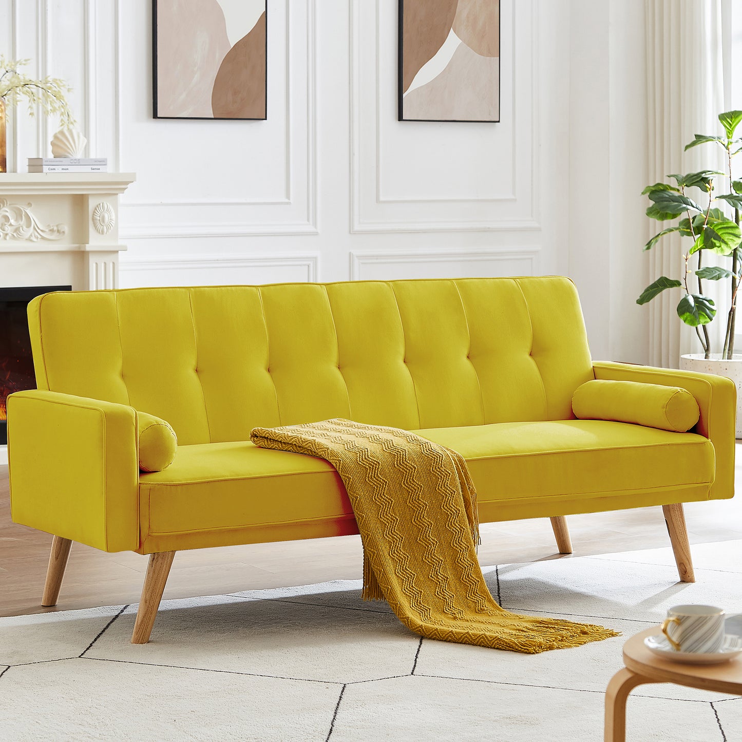 SYNGAR Couches for Living Room, Velvet Upholstered Convertible Sofa Bed with Armrests, Metal Legs, Adjustable Backrest, Mid Century Futon Sofa and Couch for Home Apartment Living Room, Pink