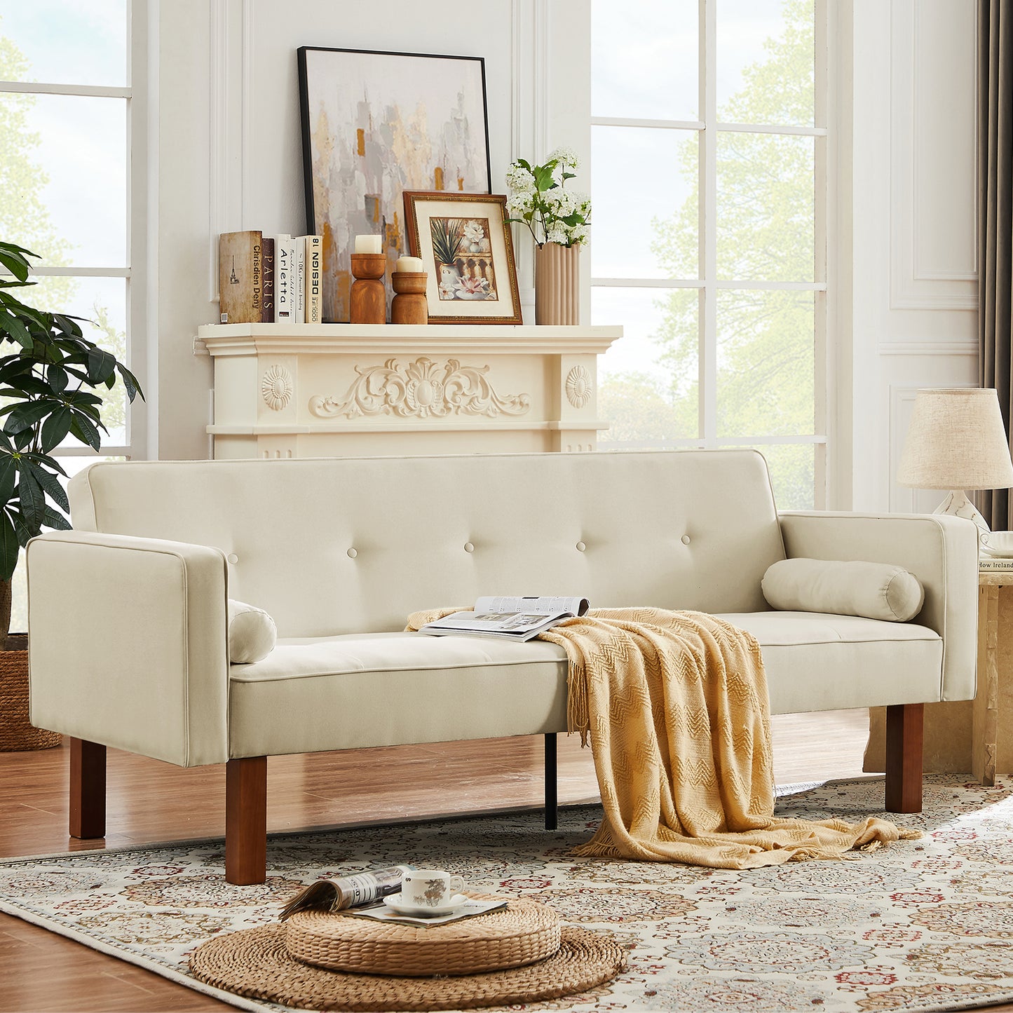 SYNGAR Couches for Living Room, Velvet Upholstered Convertible Sofa Bed with Armrests, Metal Legs, Adjustable Backrest, Mid Century Futon Sofa and Couch for Home Apartment Living Room, Pink