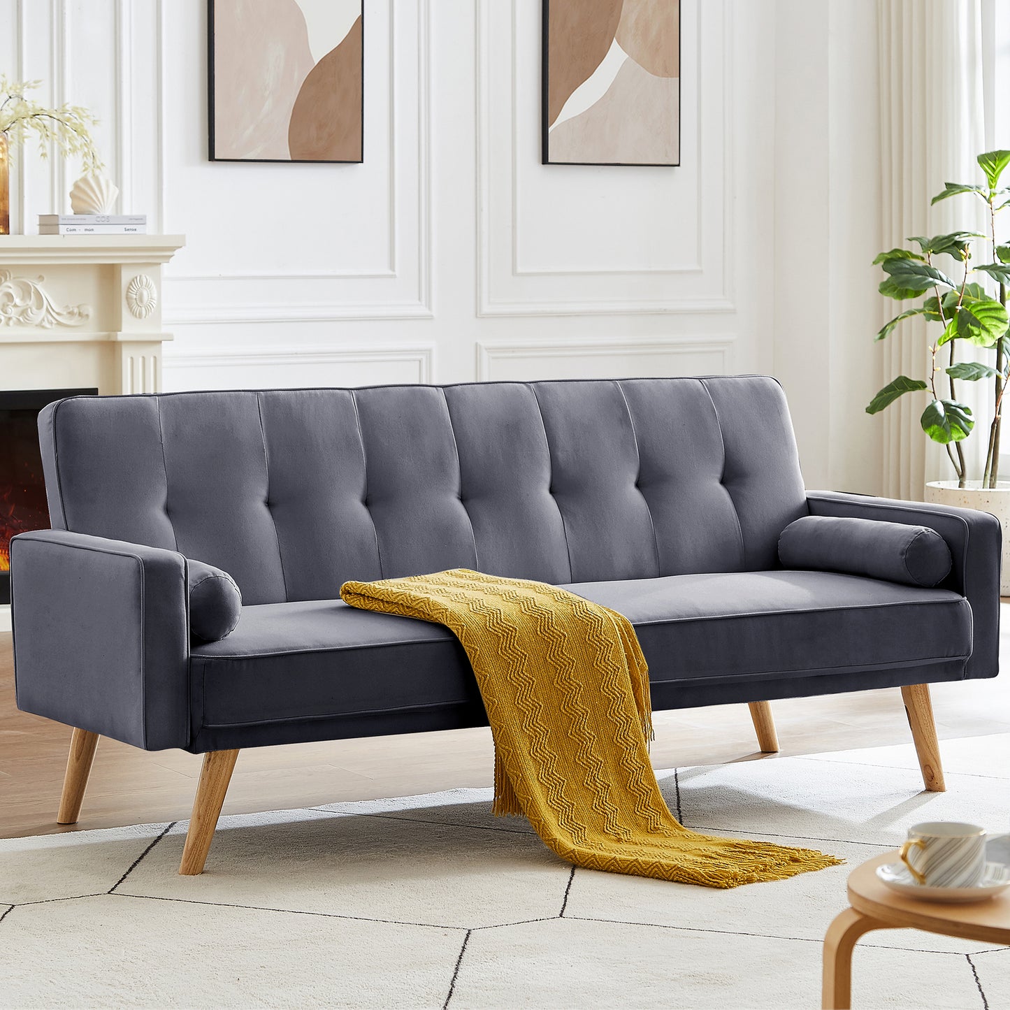 SYNGAR Couches for Living Room, Velvet Upholstered Convertible Sofa Bed with Armrests, Metal Legs, Adjustable Backrest, Mid Century Futon Sofa and Couch for Home Apartment Living Room, Pink