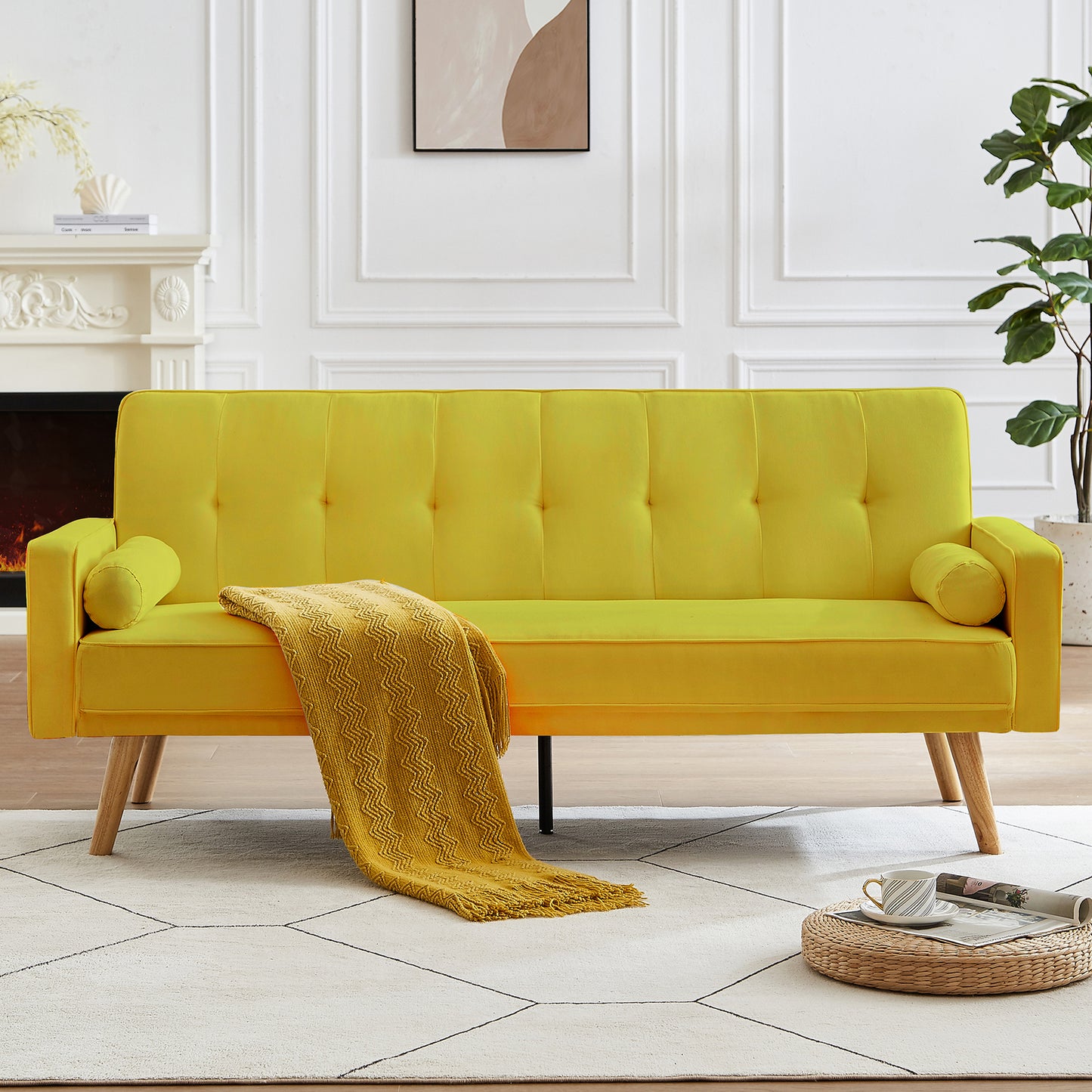 SYNGAR Futon Sofa Bed, Mid Century Velvet Fabric Futon Sofa with Wood Legs, Convertible Daybed with 3 Adjustable Positions, Couches and Sofas, Modern Stylish Sleeper Sofa Bed for Living Room, Blue