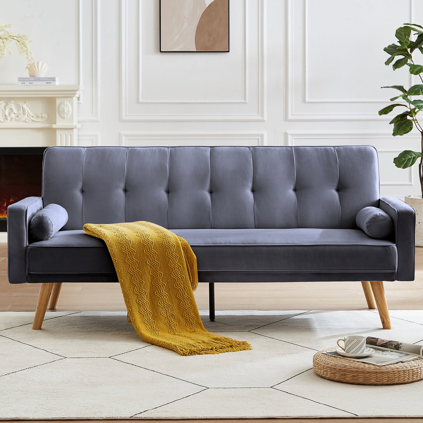 SYNGAR Futon Sofa Bed, Mid Century Velvet Fabric Futon Sofa with Wood Legs, Convertible Daybed with 3 Adjustable Positions, Couches and Sofas, Modern Stylish Sleeper Sofa Bed for Living Room, Blue