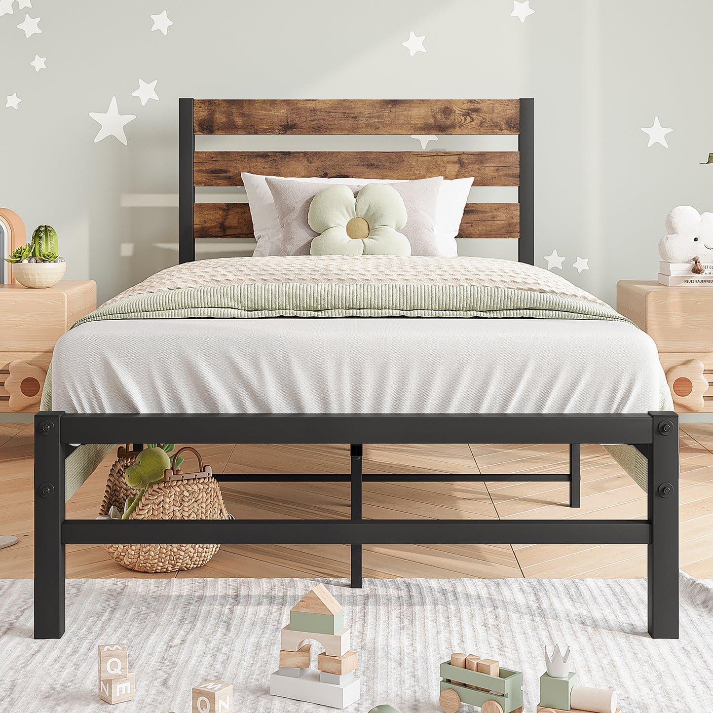 SYNGAR Black Full Size Bed Frame with Wooden Industrial Headboard, Iron Platform Bed Frame Full Metal Bed Mattress Foundation with 400LBS Capacity, No Box Spring Needed, Noise Free