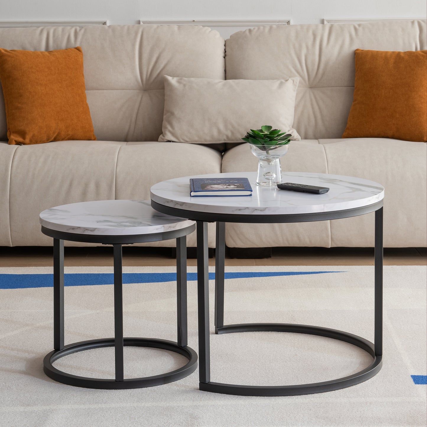SYNGAR Modern Nesting Coffee Table Set of 2, 12-Gon Shape End Tables Stacking Living Room Accent Tables with Marble Top and Black Metal Frame, Golden Black