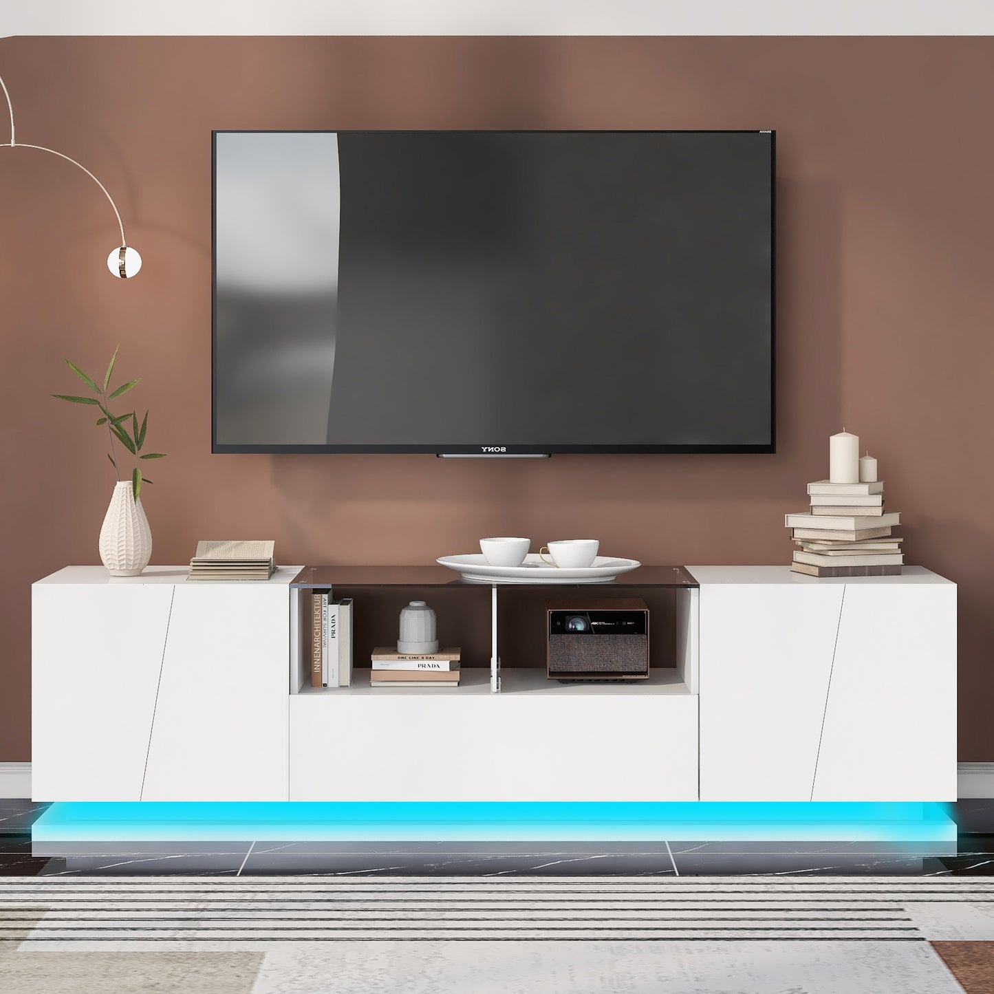 SYNGAR White TV Stand for 65 inch TV, Modern High Glossy TV Console Table Stand with 16 Colors LED Lights, Living Room TV Table Stand Buffet Cabinet with Storage, 58"L×14" W×21"H