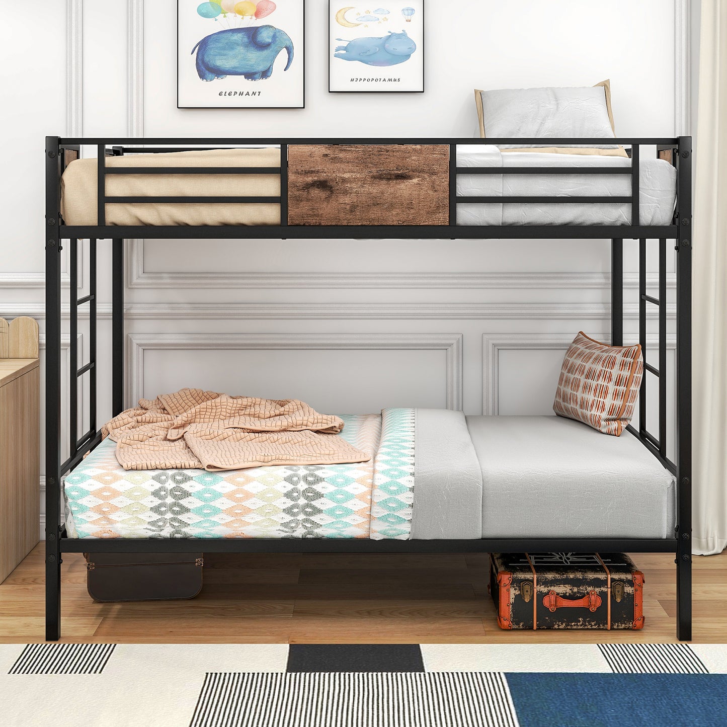 SYNGAR Metal Twin Over Twin Bunk Beds, Twin Bunk Beds for Kids Teens Adults, Industrial Bunkbed No Box Spring Required, Black
