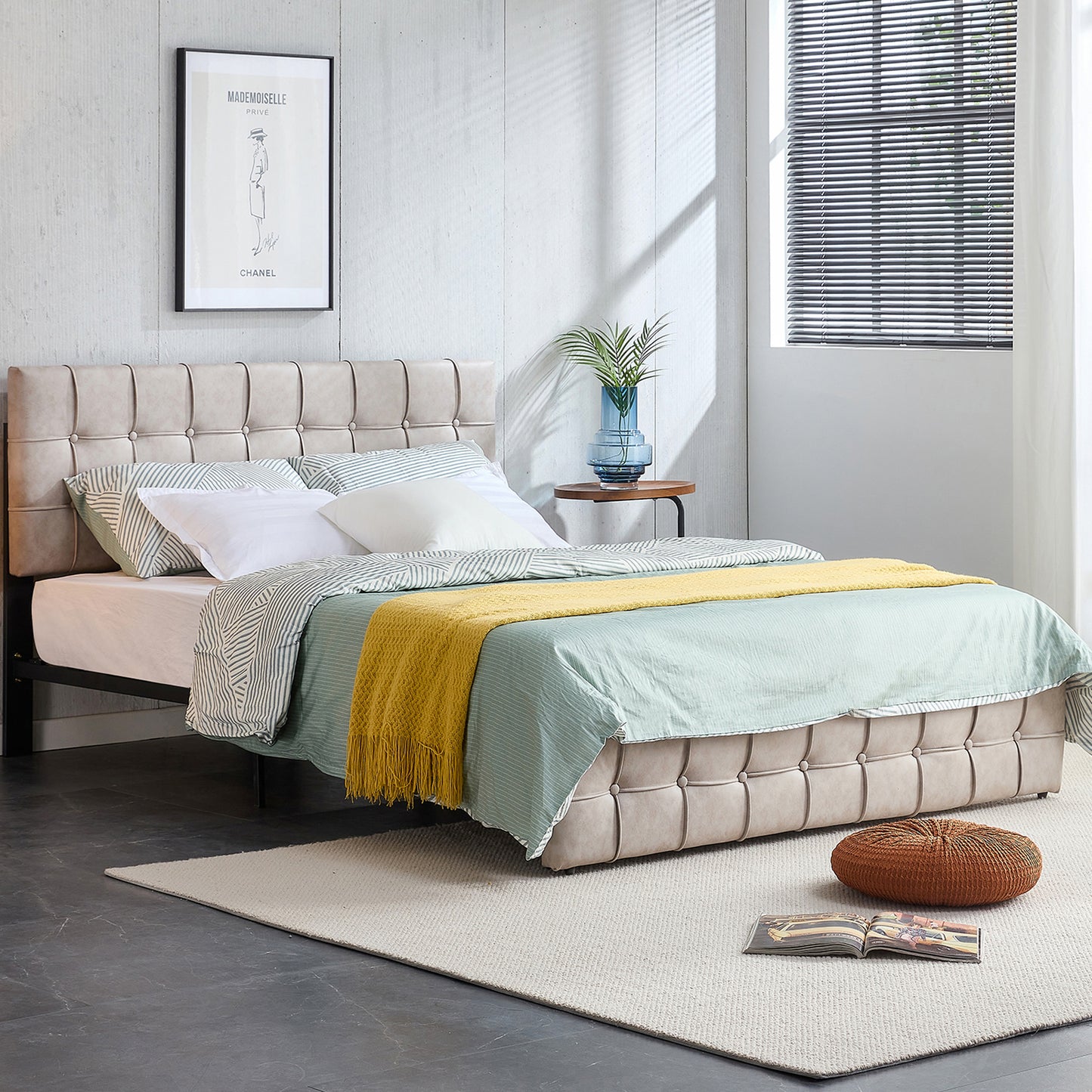 SYNGAR Upholstered Platform Bed Frame King Size with Button Tufted Headboard, Load-Bearing 650LBS, Heavy Duty Wood Mattress Foundation with Strong Slat Support for Kids Teens Adults, Gray
