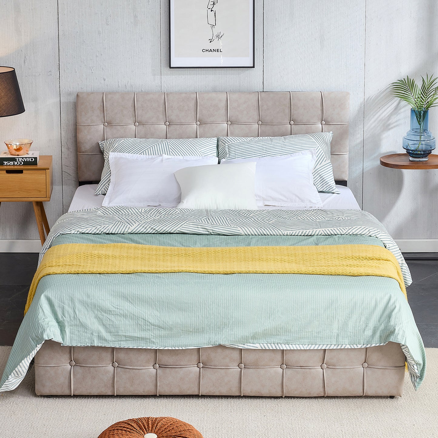 SYNGAR Upholstered King Size Fabric Platform Bed Frame with Button Tufted Headboard, Load-Bearing 650LBS, Gray