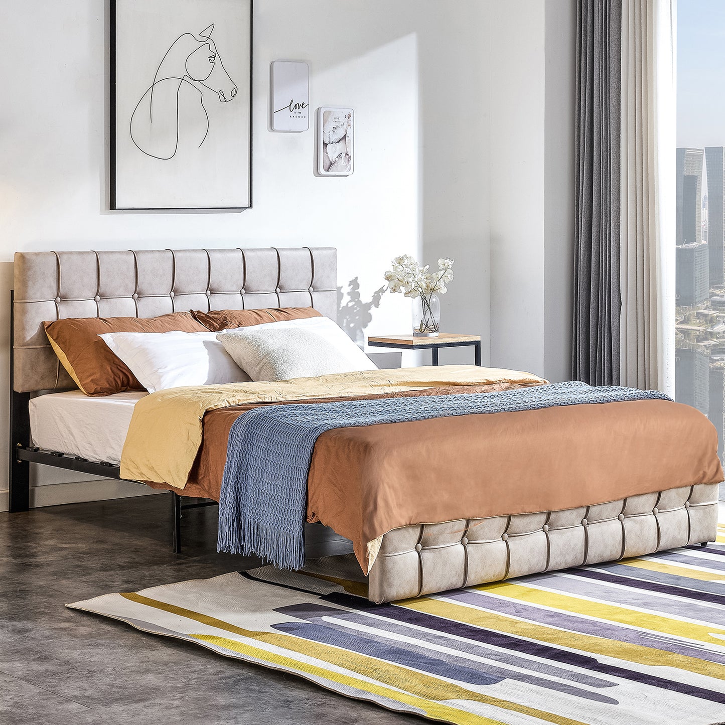 SYNGAR Upholstered Platform Bed Frame King Size with Button Tufted Headboard, Load-Bearing 650LBS, Heavy Duty Wood Mattress Foundation with Strong Slat Support for Kids Teens Adults, Gray