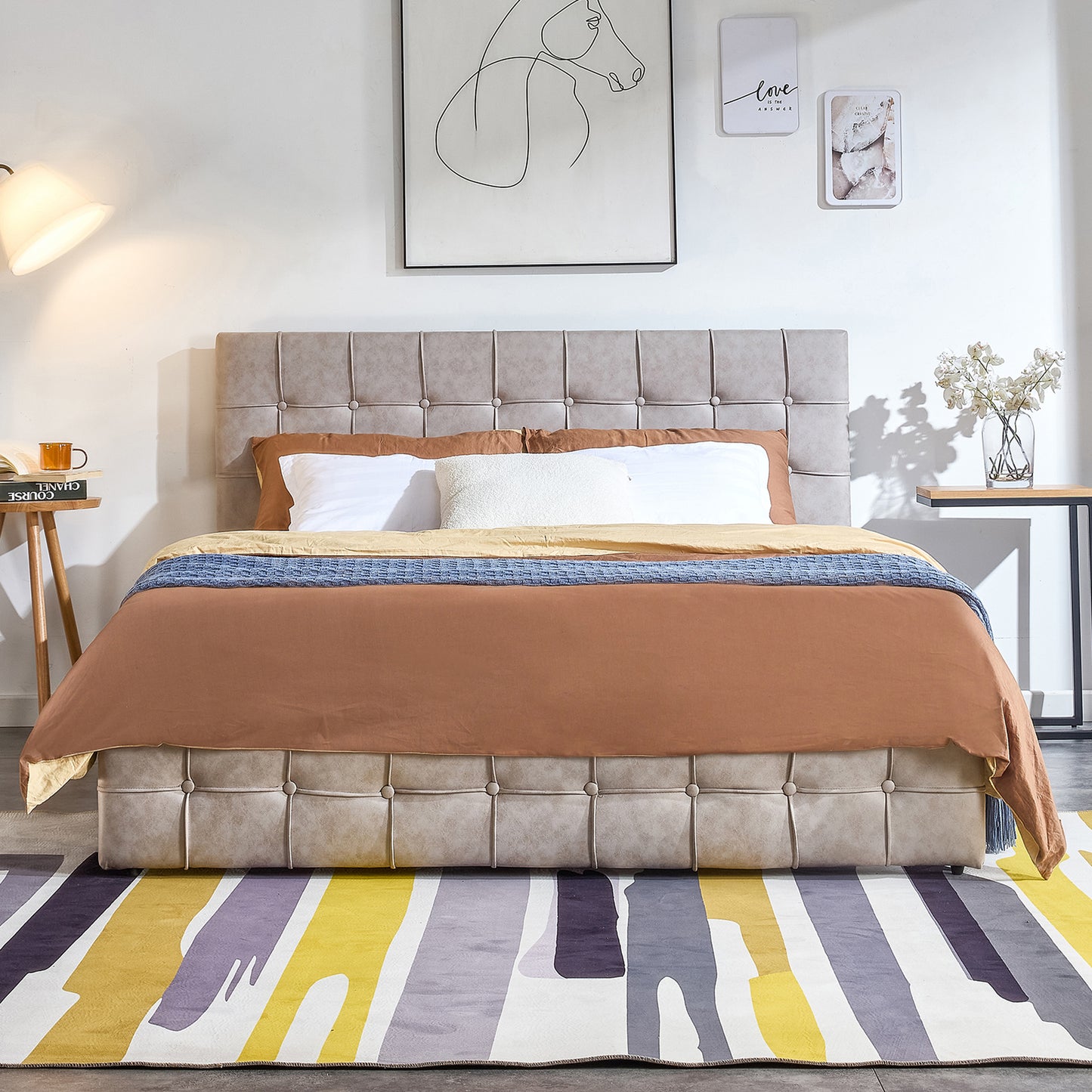 SYNGAR Upholstered King Size Fabric Platform Bed Frame with Button Tufted Headboard, Load-Bearing 650LBS, Gray