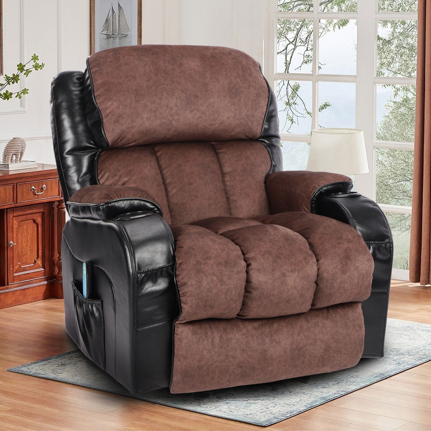 SYNGAR Manual Recliner Chair with Heat Therapy and Massage Function, Heavy Duty Reclining Mechanism Massage Chair, Elderly Single Rocker Sofa with Cup Holders for Bedroom Home Theater, Brown