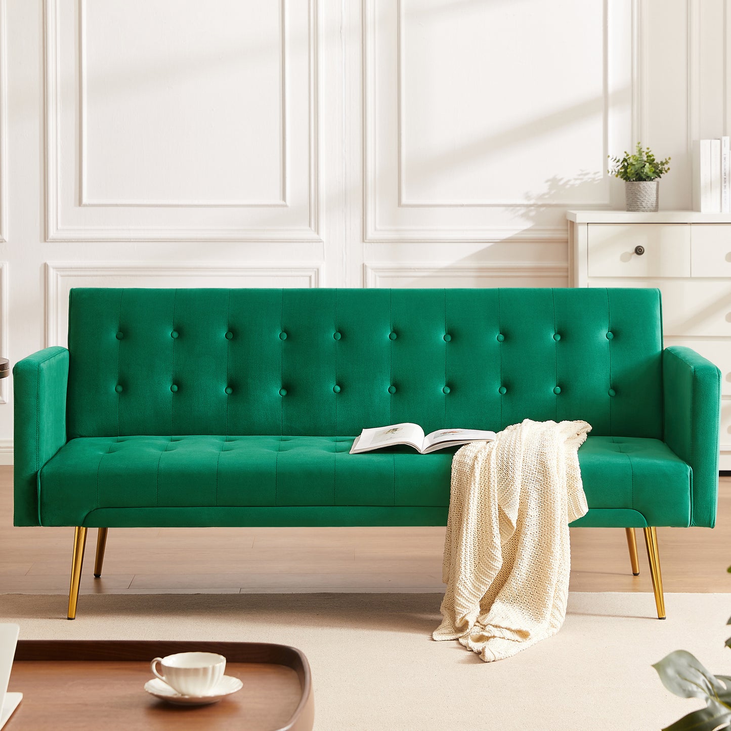 SYNGAR Futon Sofa Bed, Mid Century Velvet Fabric Futon Sofa with Wood Legs, Convertible Daybed with 3 Adjustable Positions, Couches and Sofas, Modern Stylish Sleeper Sofa Bed for Living Room, Blue