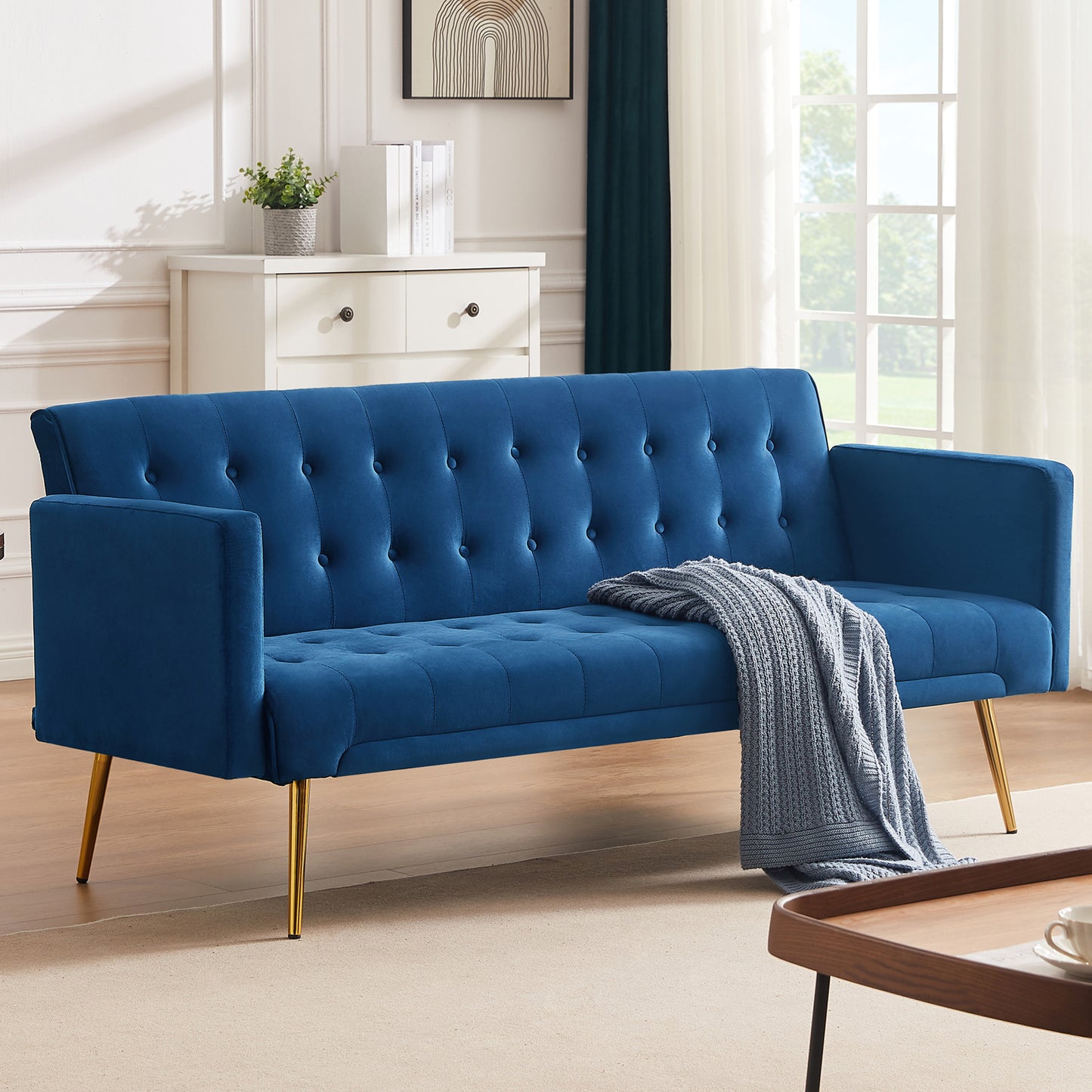 SYNGAR Couches for Living Room, Velvet Upholstered Convertible Sofa Bed with Armrests, Metal Legs, Adjustable Backrest, Mid Century Futon Sofa and Couch for Home Apartment Living Room, Pink