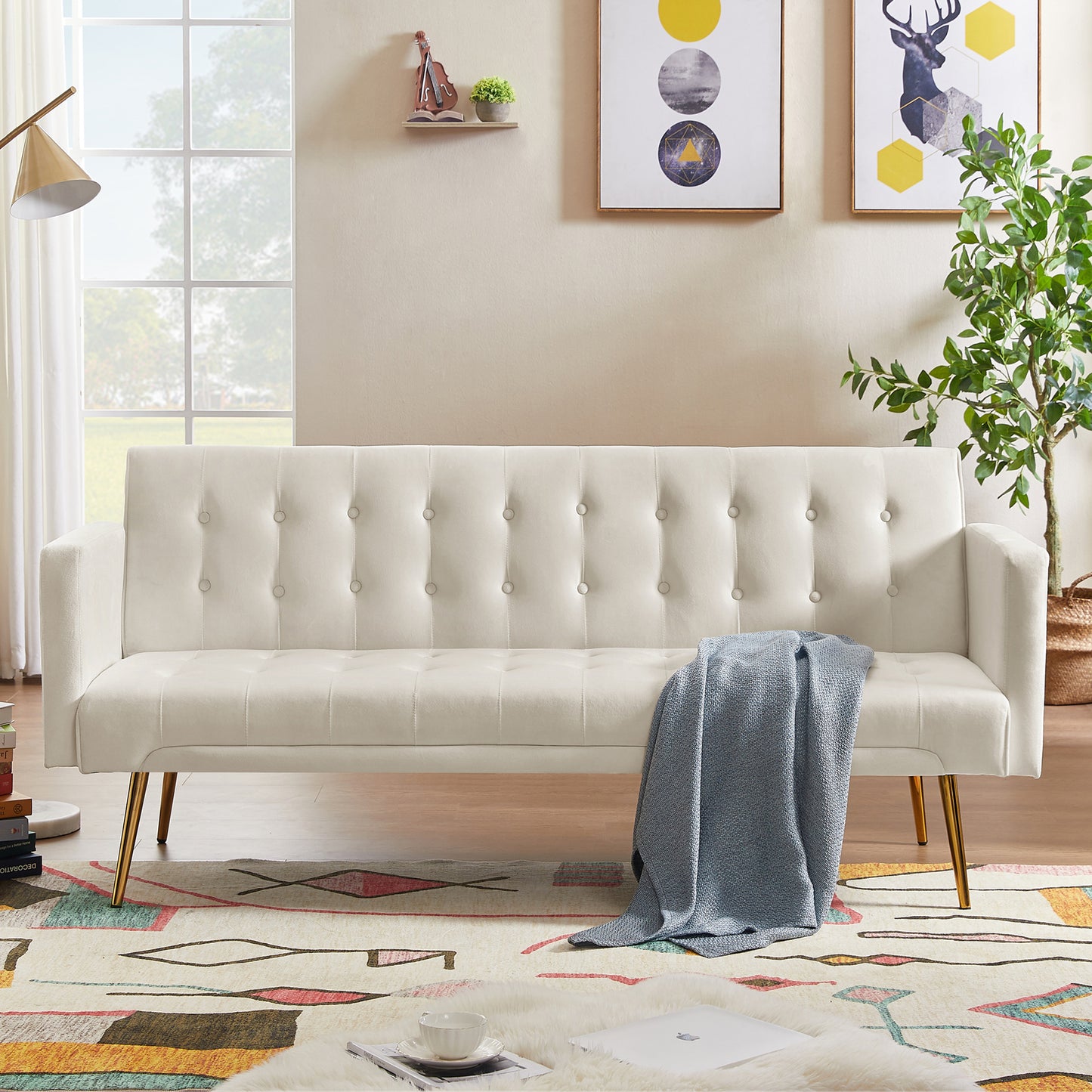 SYNGAR Futon Sofa Bed, Mid Century Velvet Fabric Futon Sofa with Wood Legs, Convertible Daybed with 3 Adjustable Positions, Couches and Sofas, Modern Stylish Sleeper Sofa Bed for Living Room, Blue