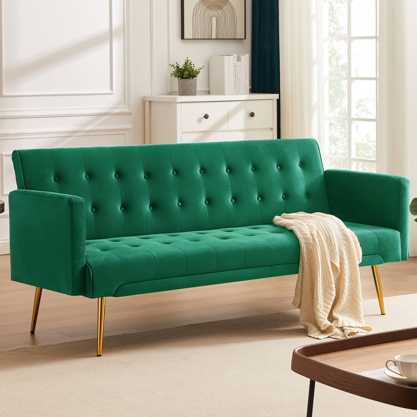 SYNGAR Couches for Living Room, Velvet Upholstered Convertible Sofa Bed with Armrests, Metal Legs, Adjustable Backrest, Mid Century Futon Sofa and Couch for Home Apartment Living Room, Pink