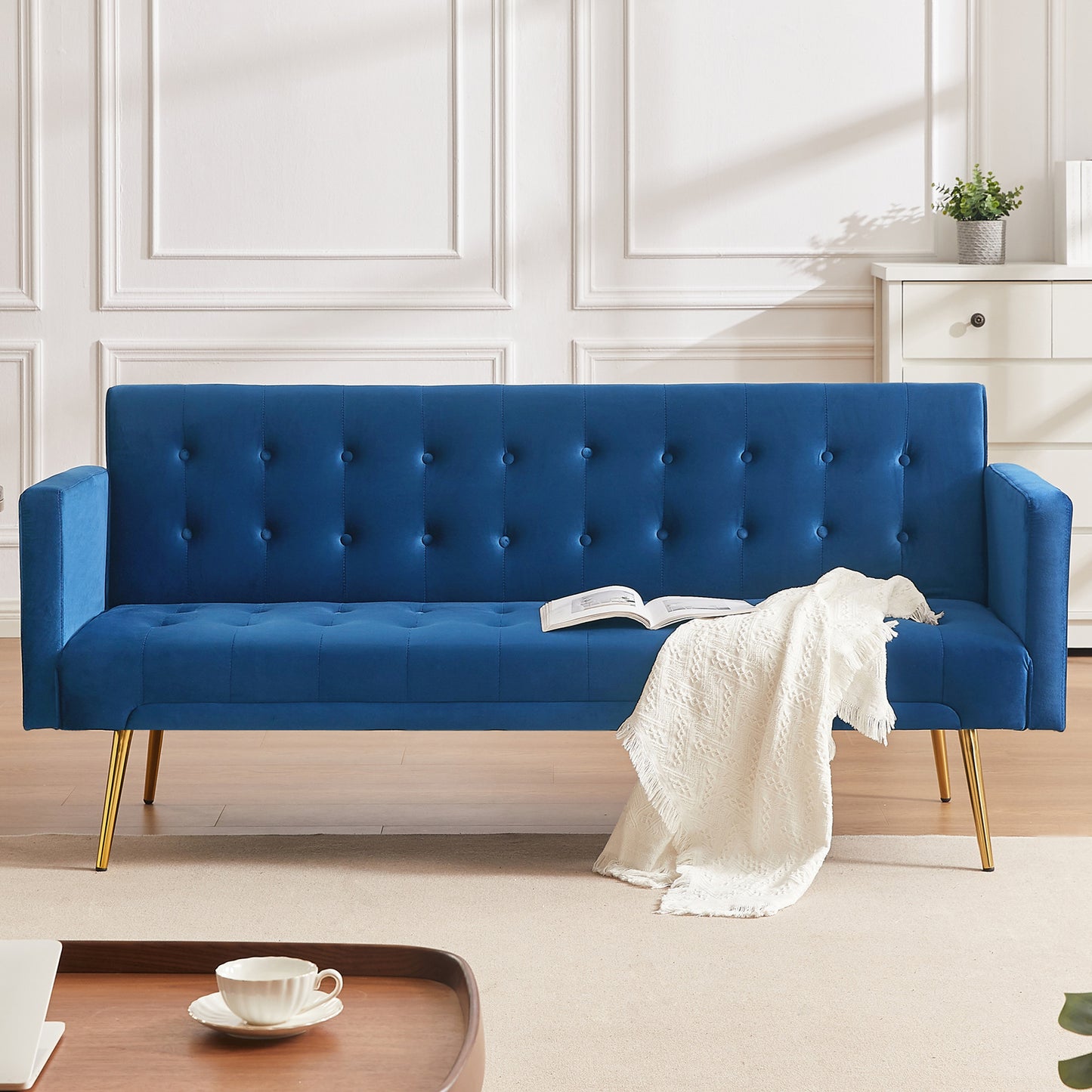 SYNGAR Futon Sofa Bed, Mid Century Velvet Fabric Futon Sofa with Wood Legs, Convertible Daybed with 3 Adjustable Positions, Couches and Sofas, Modern Stylish Sleeper Sofa Bed for Living Room, Blue