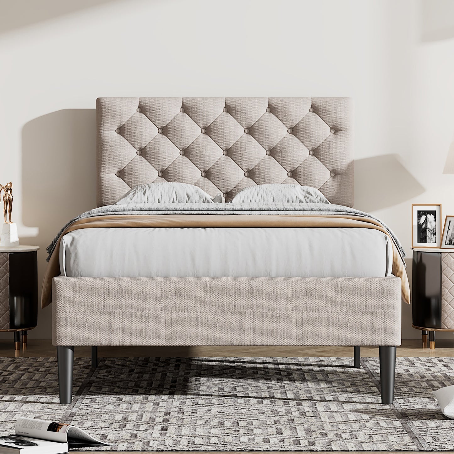 SYNGAR Full Size Platform Bed Frame with Linen Fabric Upholstered Button Tufted Headboard, Sturdy Sturdy Frame and Strong Wooden Slats, No Box Spring Needed, Gray