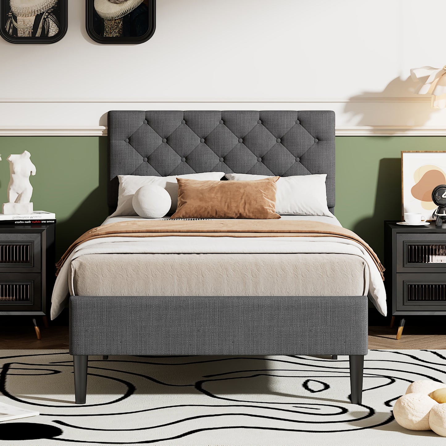 SYNGAR Full Size Platform Bed Frame with Linen Fabric Upholstered Button Tufted Headboard, Sturdy Sturdy Frame and Strong Wooden Slats, No Box Spring Needed, Gray