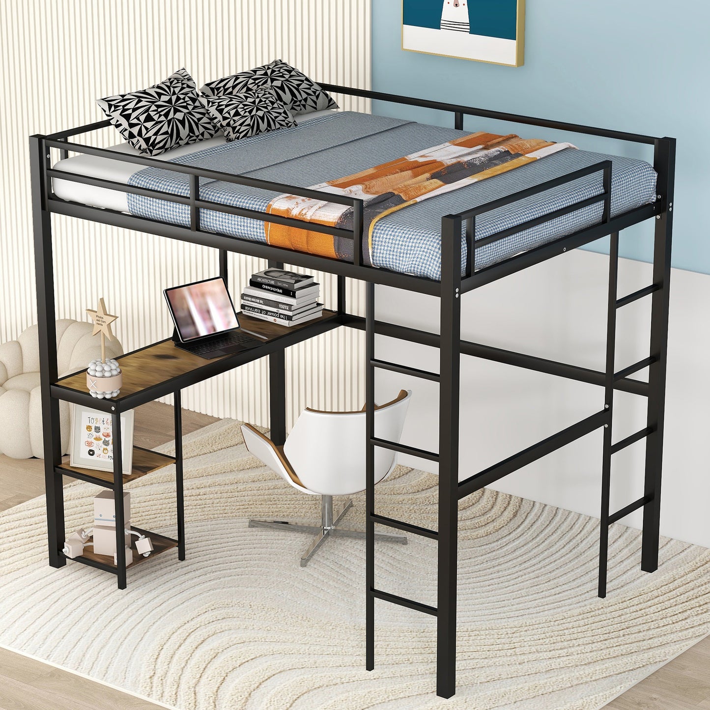 SYNGAR Twin Loft Bed with Desk, Metal Loft Bed with 4 Storage Shelves, Space-Saving Bed Frame with Bilateral Ladders and Safety Guard Rails for Boys Girls Kids Teens Adults, Black