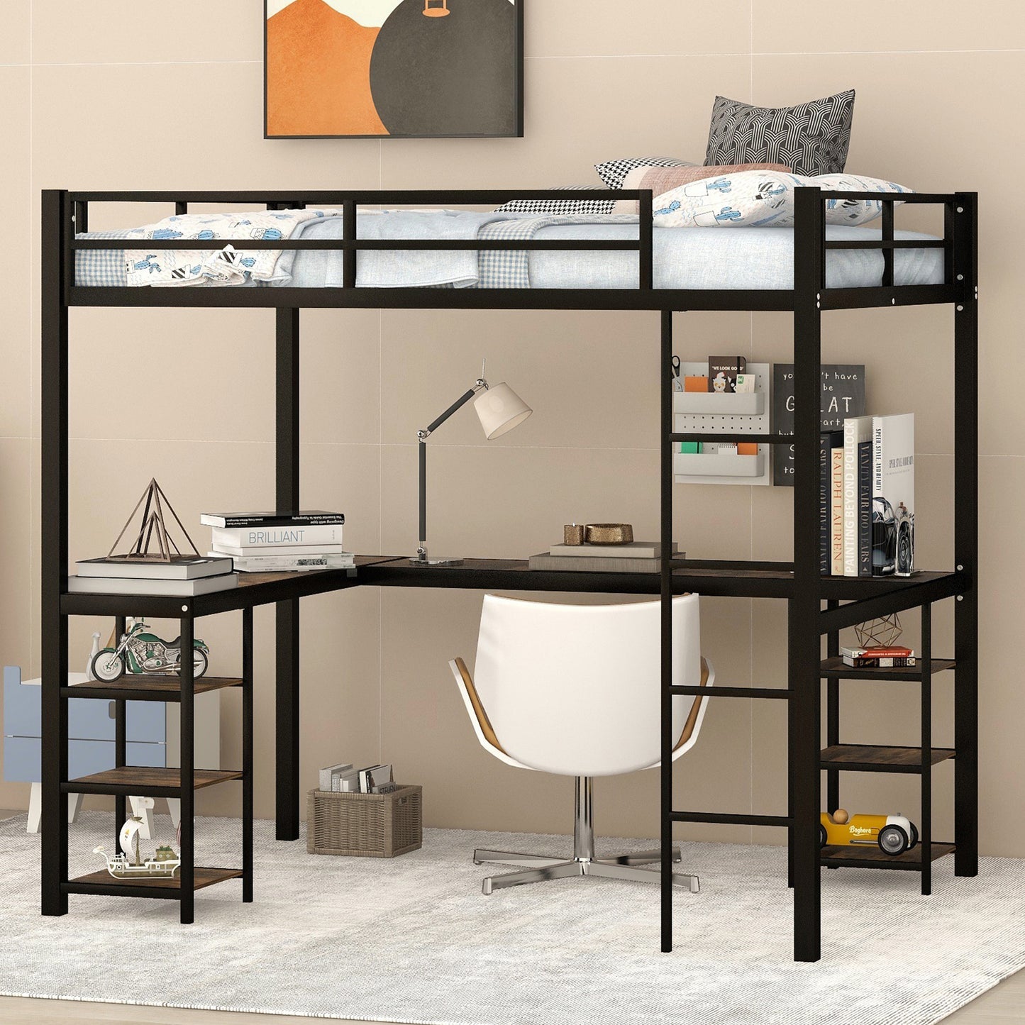 SYNGAR Twin Loft Bed with Desk, Metal Loft Bed with 4 Storage Shelves, Space-Saving Bed Frame with Bilateral Ladders and Safety Guard Rails for Boys Girls Kids Teens Adults, Black