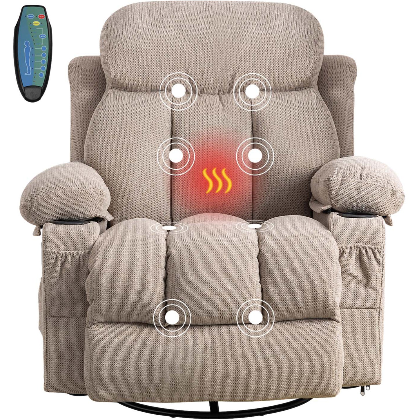 SYNGAR Manual Recliner Chair with Heat and Massage Function, USB and Cup Holders, Elderly Single Velvet Recliner Rocker Sofa Swivel Glider Chair for Nursery Living Room Home Theater Office, Gray