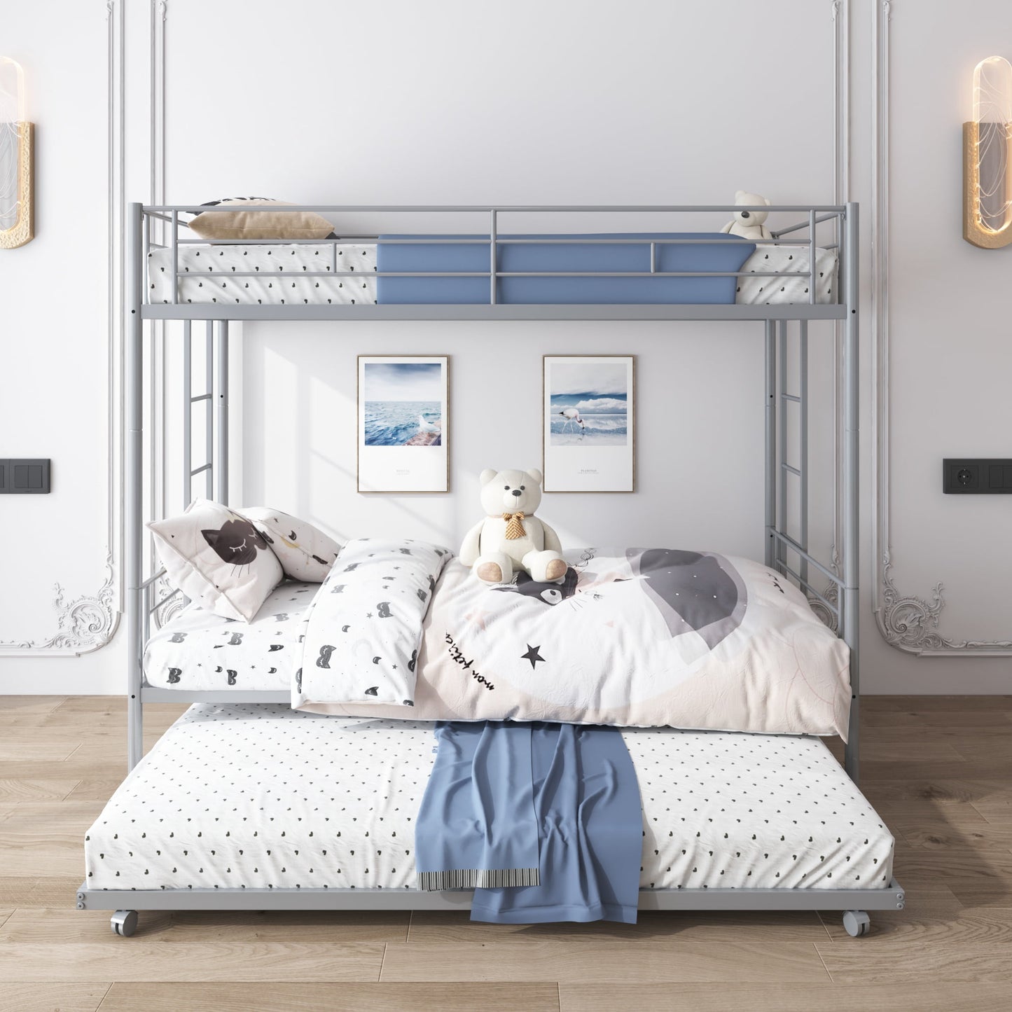 SYNGAR Twin over Twin Bunk Bed with Trundle, Loft Bunk Bed with Pull-out Trundle and Safe Full-length Guardrail, Metal Triple Bunk Bed can Convertible to 3 Single Platform Bed, Silver