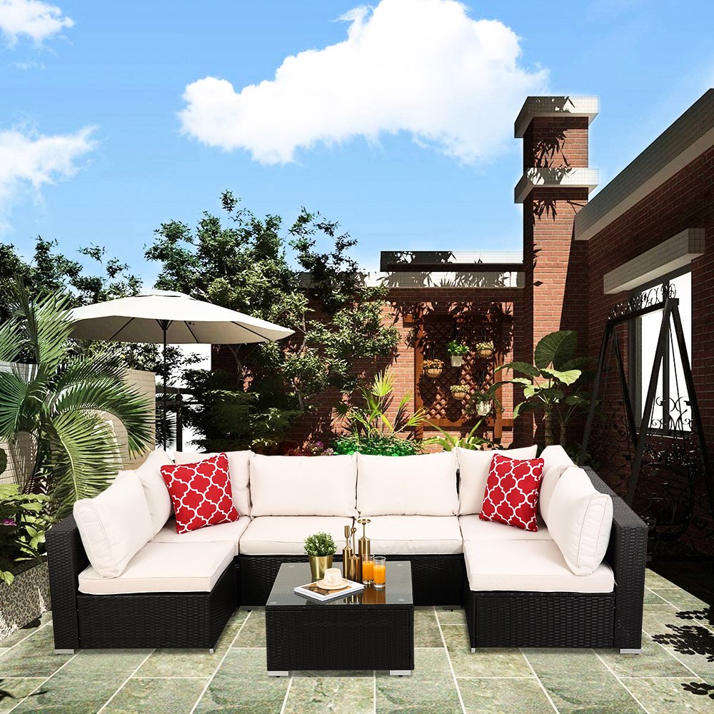 Patio Sofa Set, 7 Piece Outdoor Furniture Set, PE Rattan Wicker Sectional Sofa Furniture, Manual Weaving Wicker Couch with Removable Cushions & Tea Table, Ideal for Patio Deck Backyard, K3249