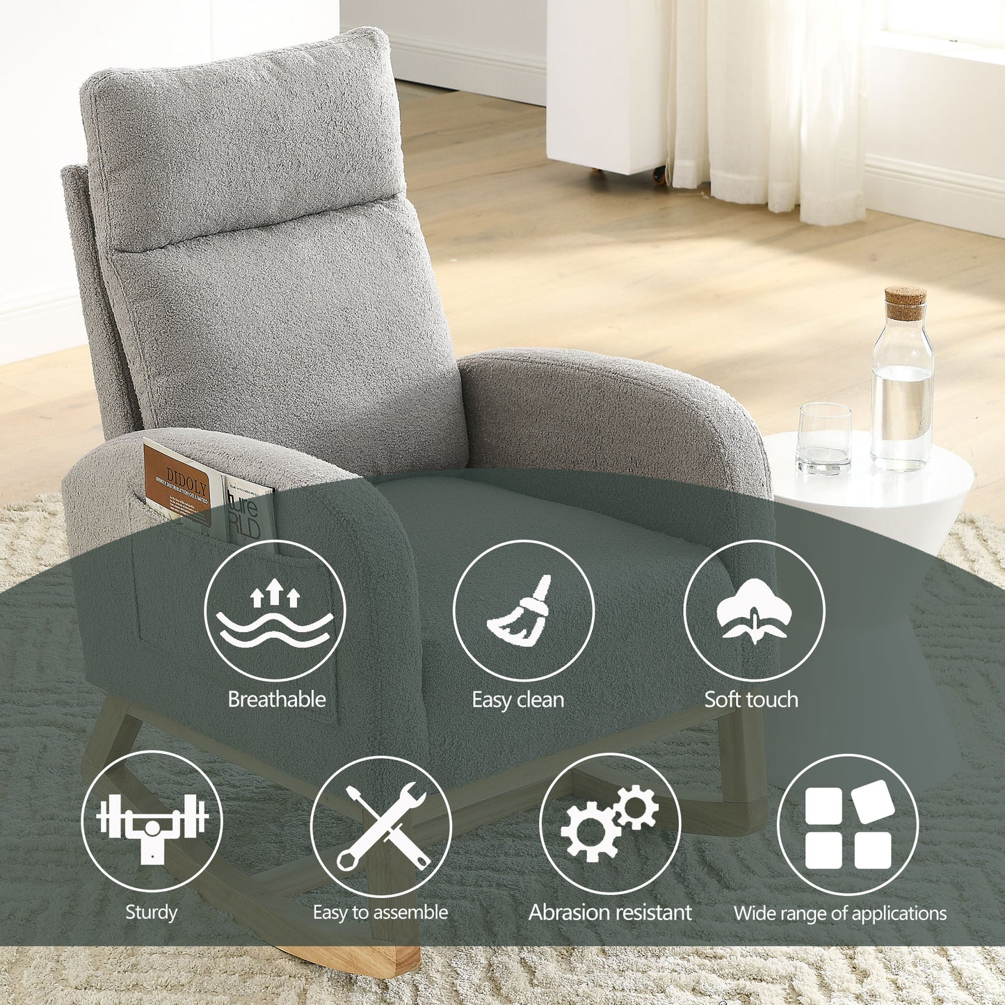 SYNGAR Rocking Chair, Upholstered Fabric Nursery Chair, Nursery Glider with High Back and 2 Side Pockets, Rocking Chairs with Wood Curved Base, Glider Chair for Nursery, Living Room, Home Office