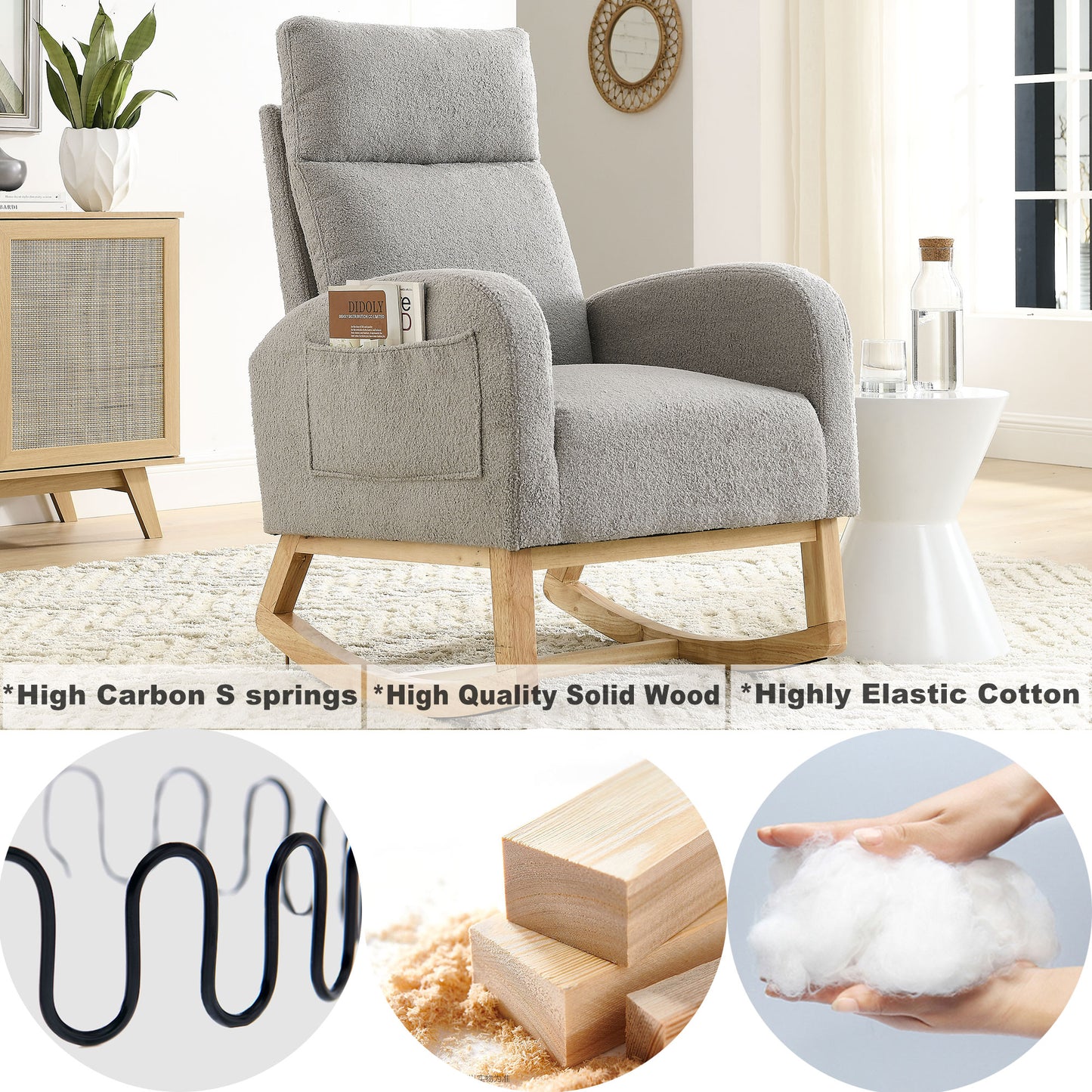SYNGAR Rocking Chair, Upholstered Fabric Nursery Chair, Nursery Glider with High Back and 2 Side Pockets, Rocking Chairs with Wood Curved Base, Glider Chair for Nursery, Living Room, Home Office