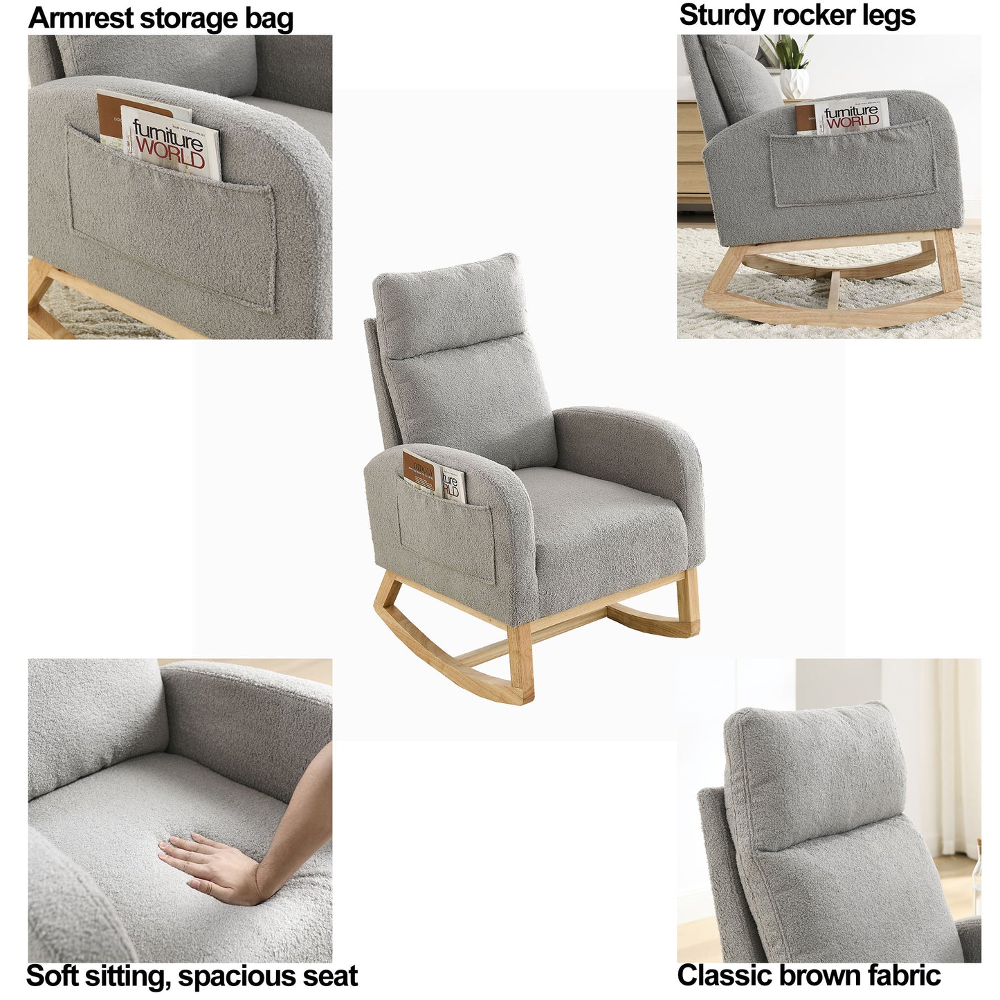 SYNGAR Rocking Chair, Upholstered Fabric Nursery Chair, Nursery Glider with High Back and 2 Side Pockets, Rocking Chairs with Wood Curved Base, Glider Chair for Nursery, Living Room, Home Office