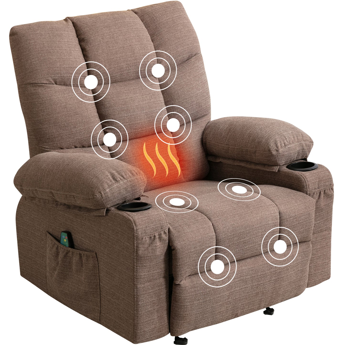 SYNGAR Manual Recliner Chair with Heat Therapy and Massage Function, Heavy Duty Reclining Mechanism Massage Chair, Elderly Single Rocker Sofa with Cup Holders for Bedroom Home Theater, Brown