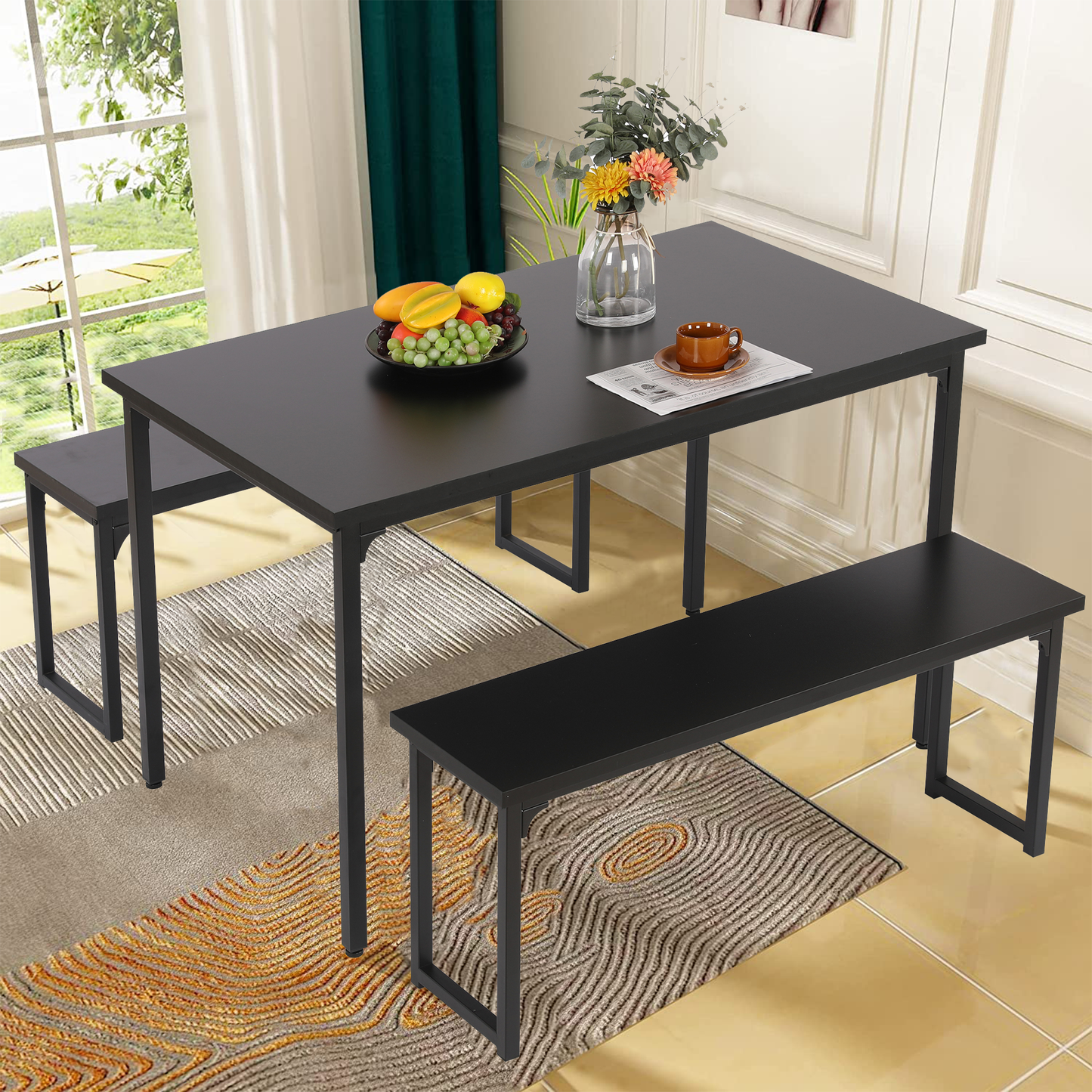 SYNGAR 3 Piece Kitchen Table Set, Modern Dining Set with 2 Benches, Home Dining Table Set for 4, Breakfast Table and Chairs Set, for Small Space, Kitchen, Dining Room, Restaurant, Beige, Y005