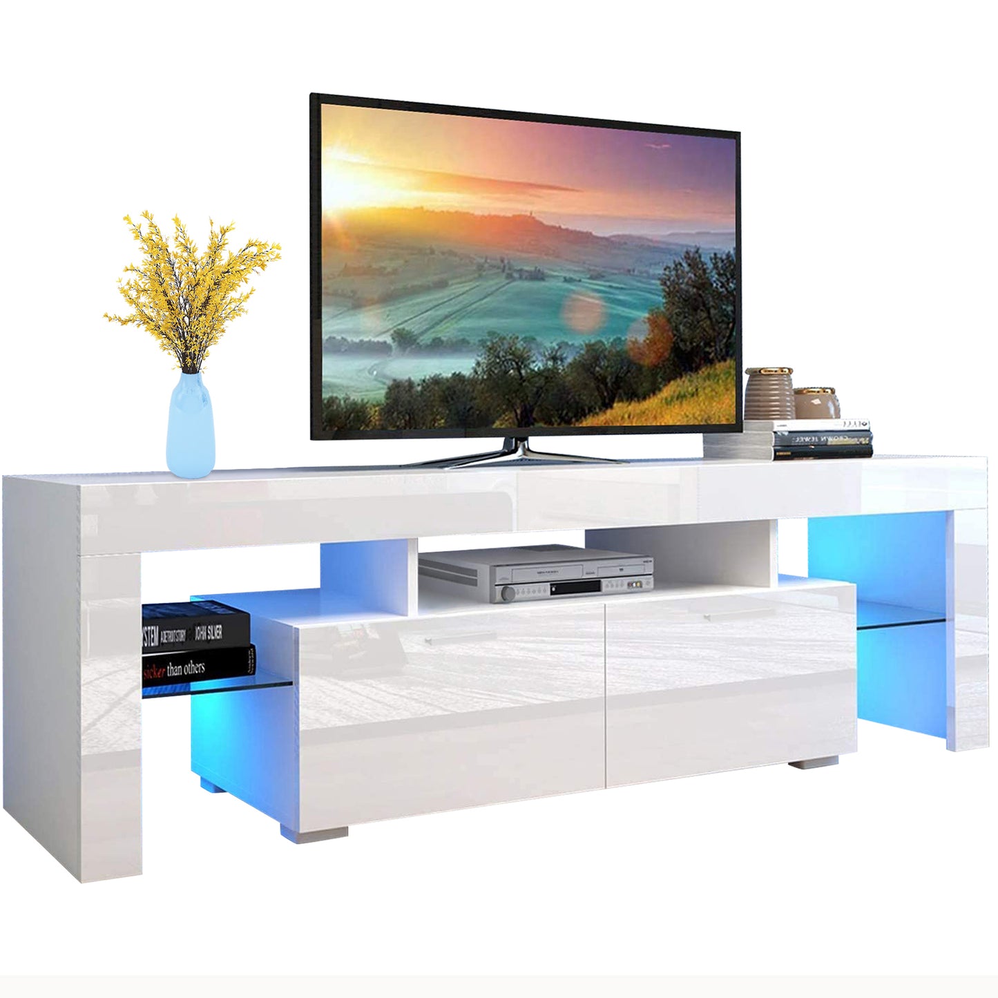 White TV Stand for 70 inch TV, Modern High Glossy Television Table Stands TV Cabinet Console Table with 16 Colors LED Lights, TV Buffet Cabinet with Storage, Living Room Entertainment Center