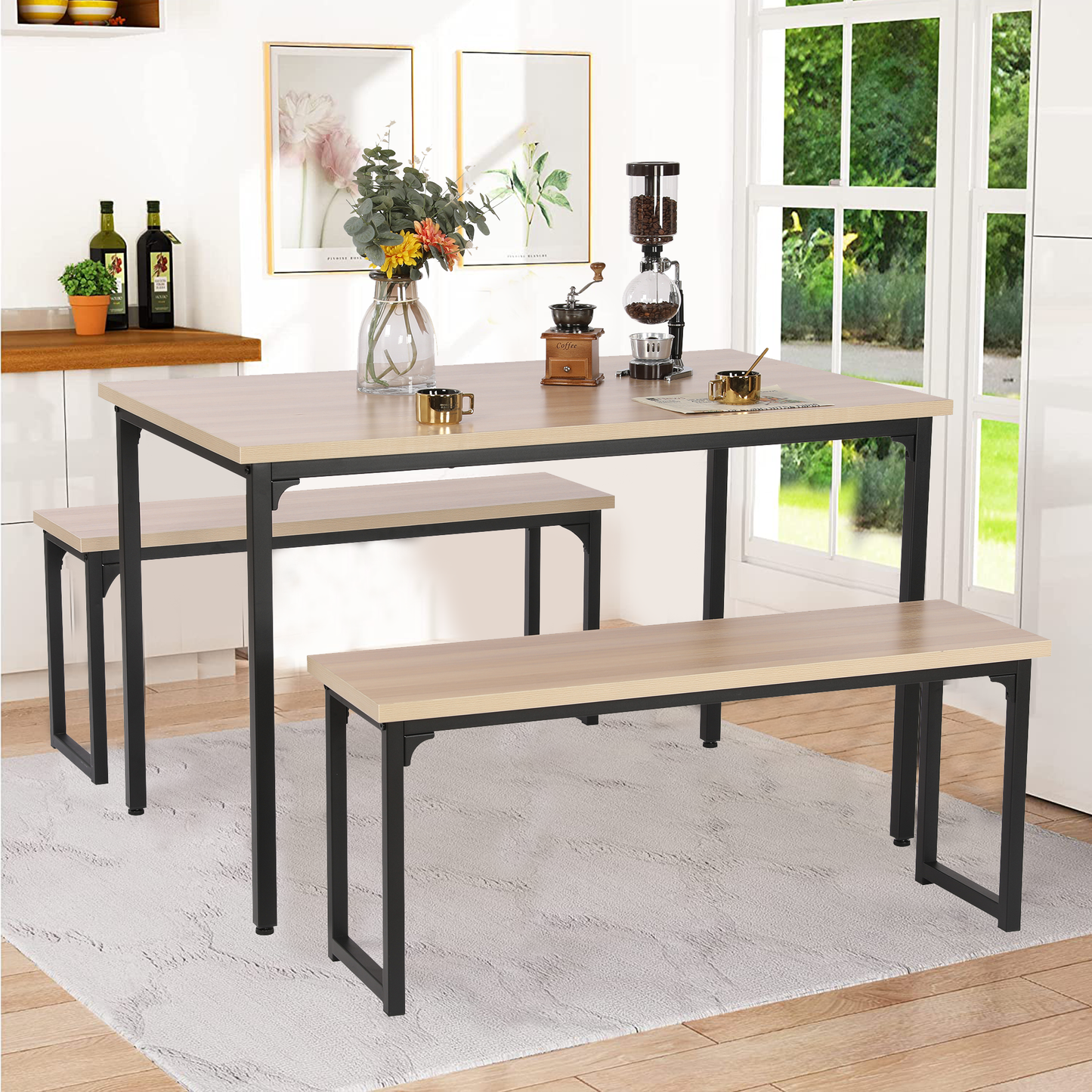 SYNGAR 3 Piece Kitchen Table Set, Modern Dining Set with 2 Benches, Home Dining Table Set for 4, Breakfast Table and Chairs Set, for Small Space, Kitchen, Dining Room, Restaurant, Beige, Y005